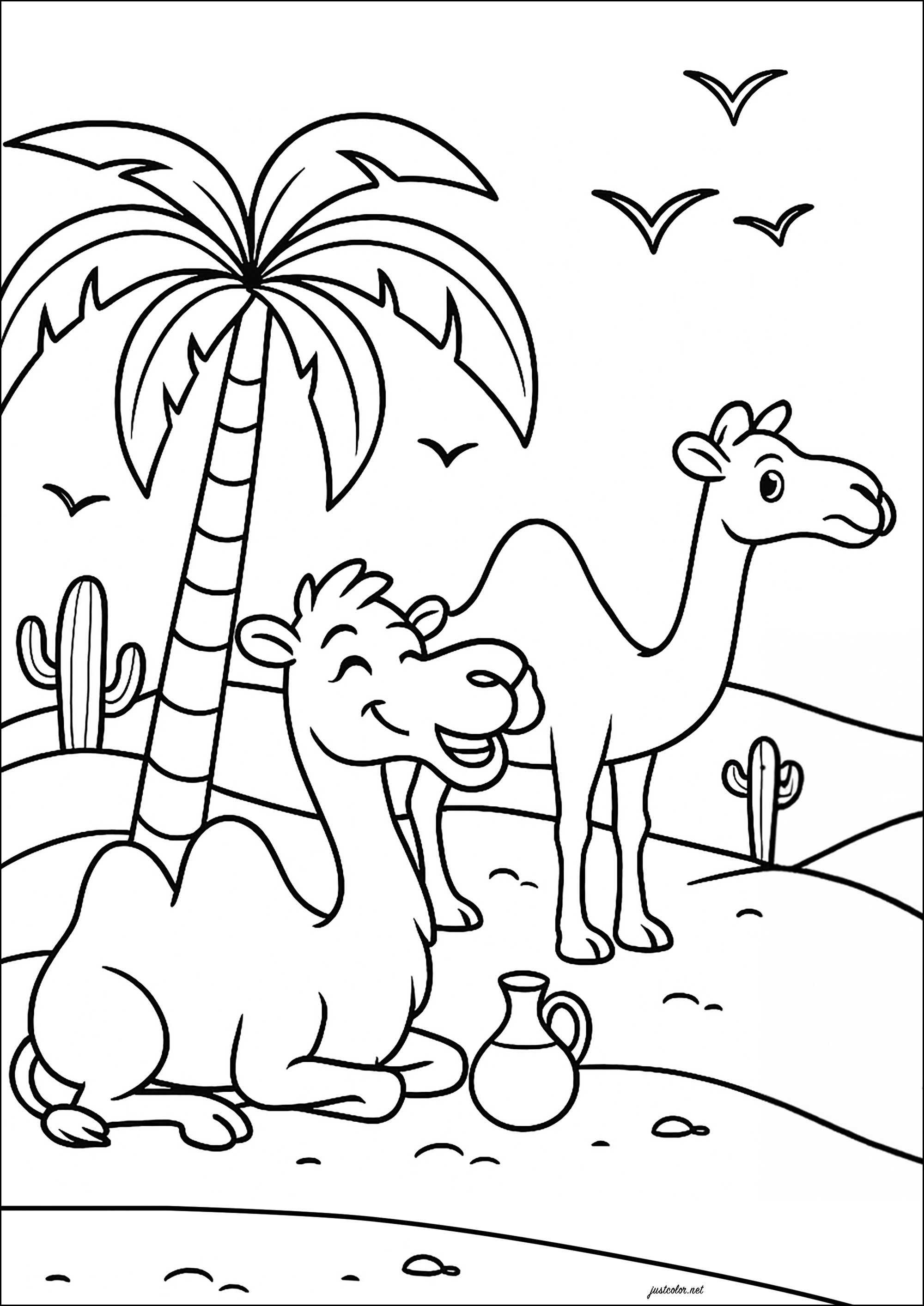 Un camello y un dromedario (Página de Camellos y dromedarios para imprimir para niños)