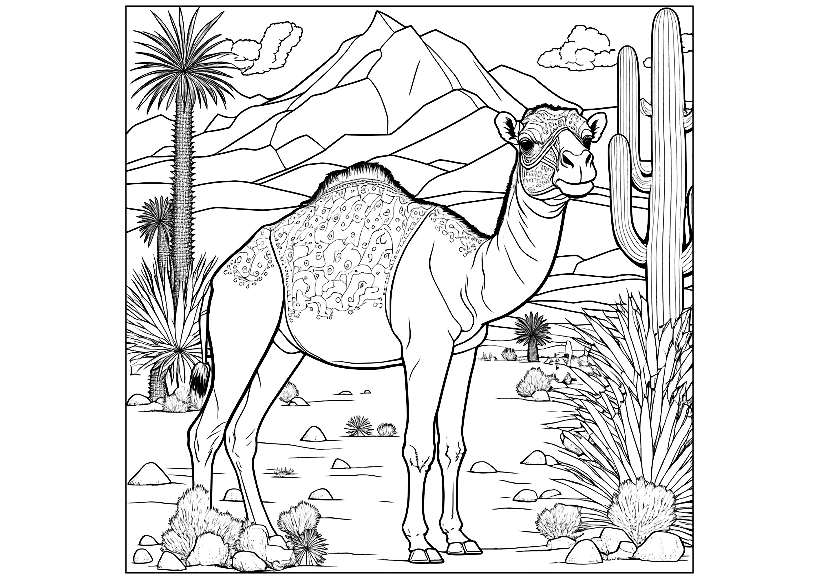 Precioso dromedario para colorear en formato cuadrado. Un dibujo sencillo y divertido con líneas claras y muchos detalles para colorear: cactus, montañas, etc.