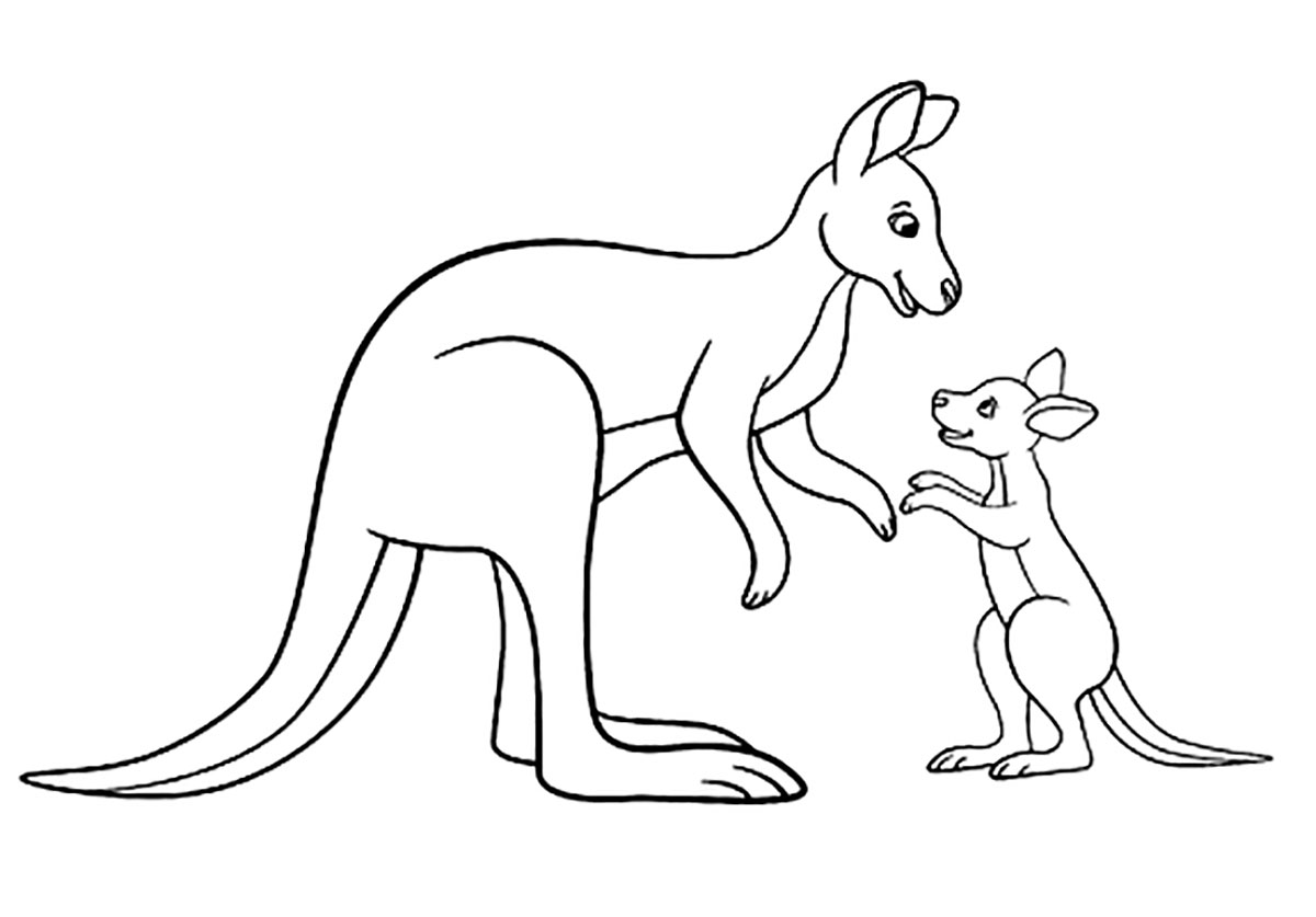 Coloreado de un pequeño canguro y su madre.