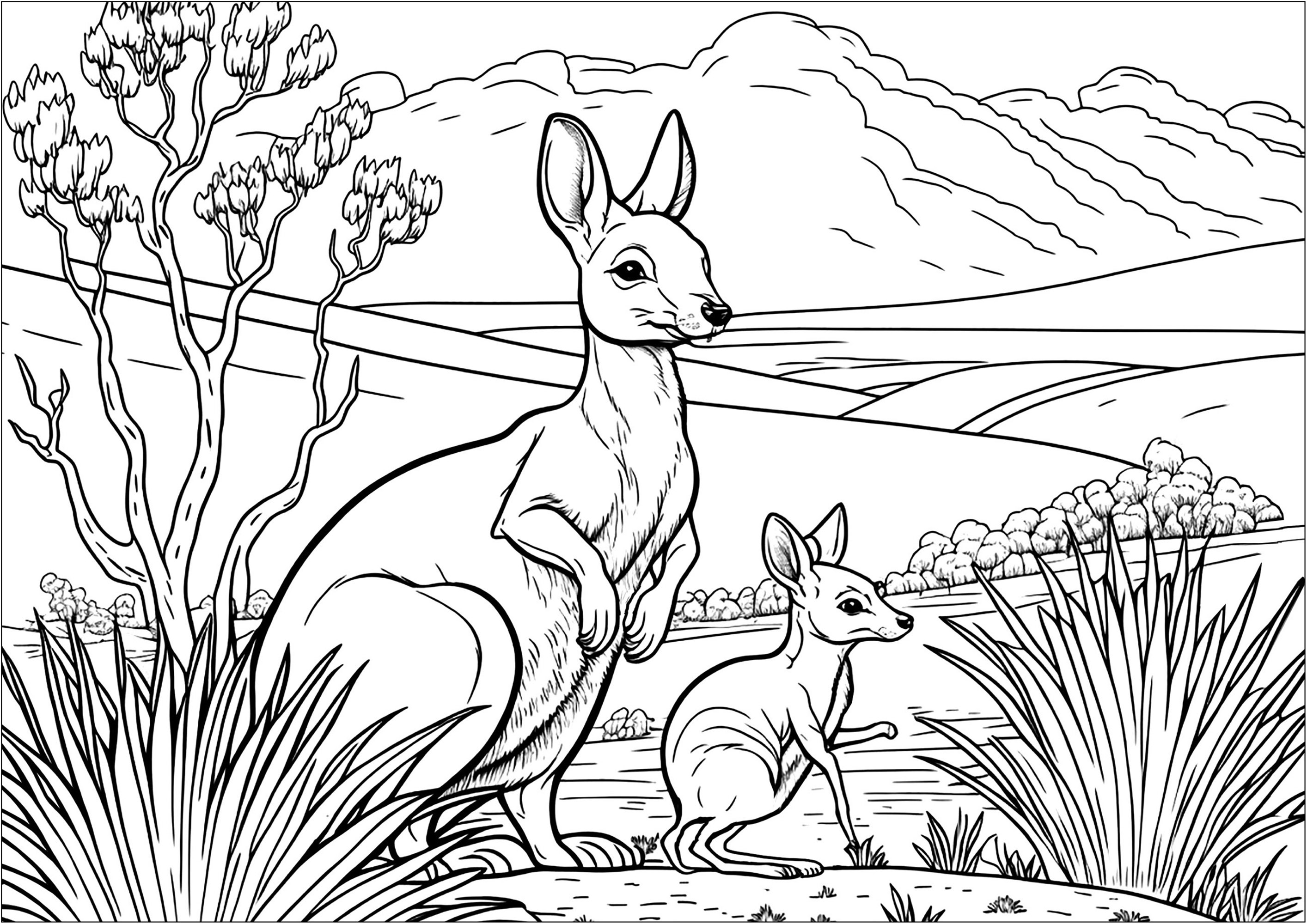 Una página para colorear bastante compleja con una madre canguro y su bebé. Colorea también el hermoso paisaje y la vegetación que forman parte de este maravilloso dibujo para colorear.