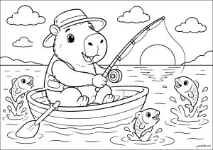 Capibara pescando en un bote