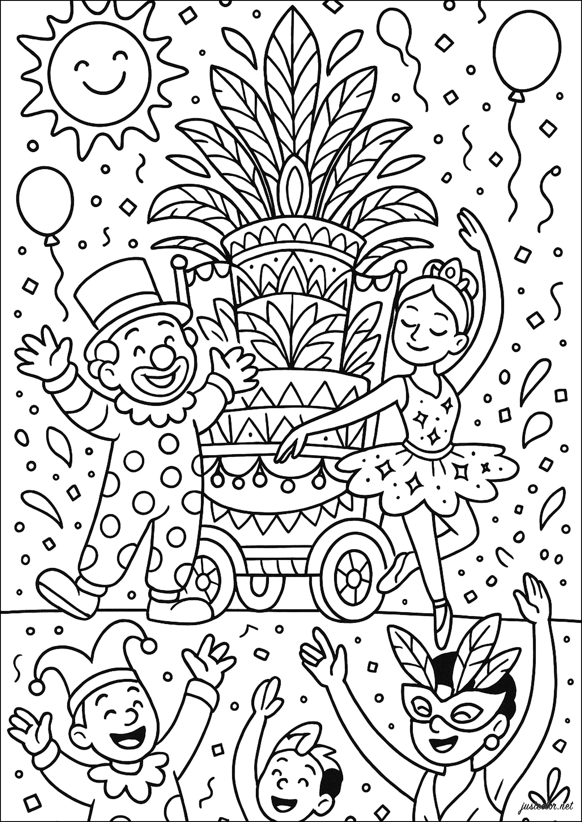 Fiesta alegre con sonrisas radiantes (Página de Carnaval para imprimir para niños)
