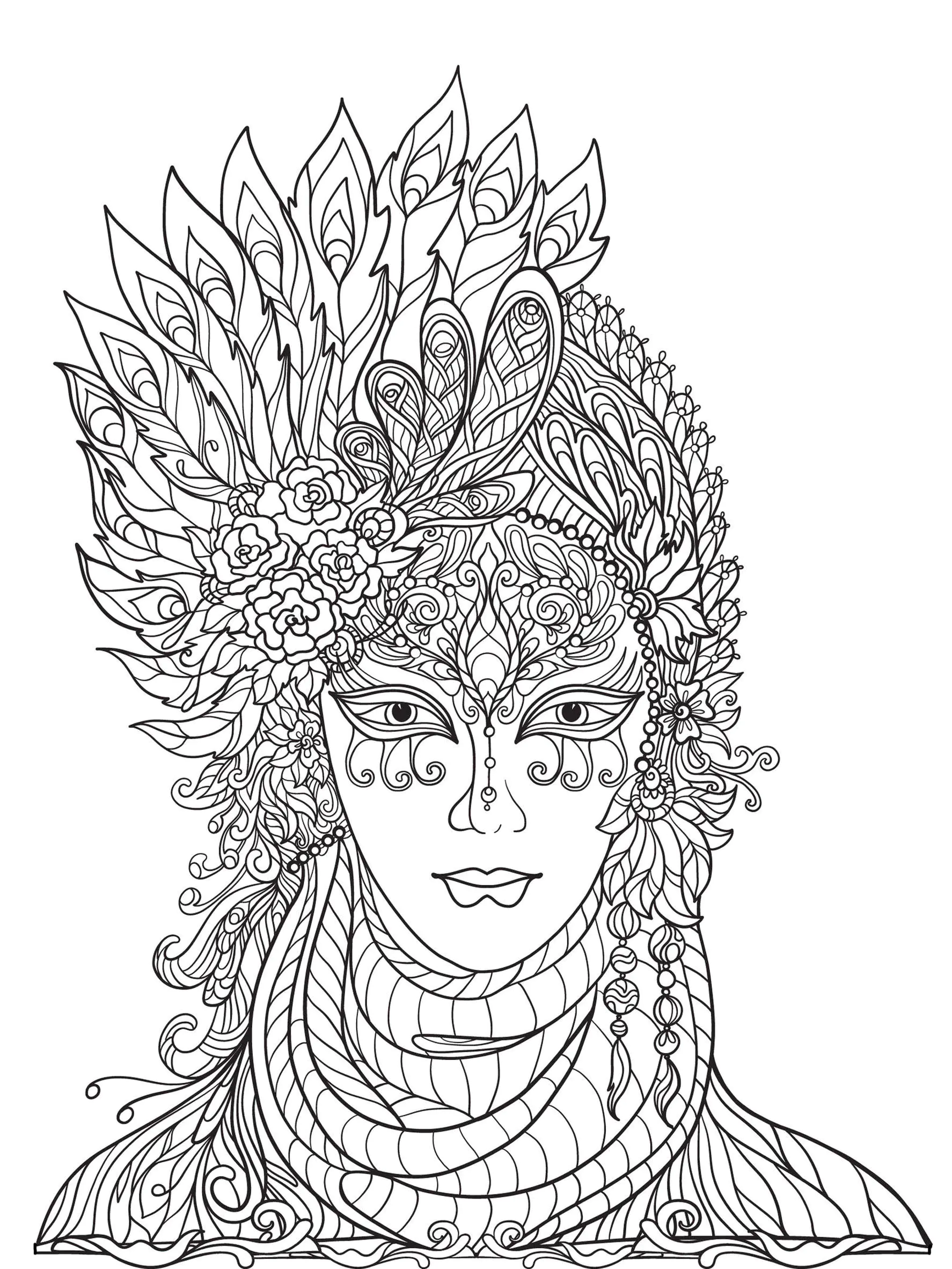 Bonita máscara del Carnaval de Venecia con plumas (Página para imprimir para niños)