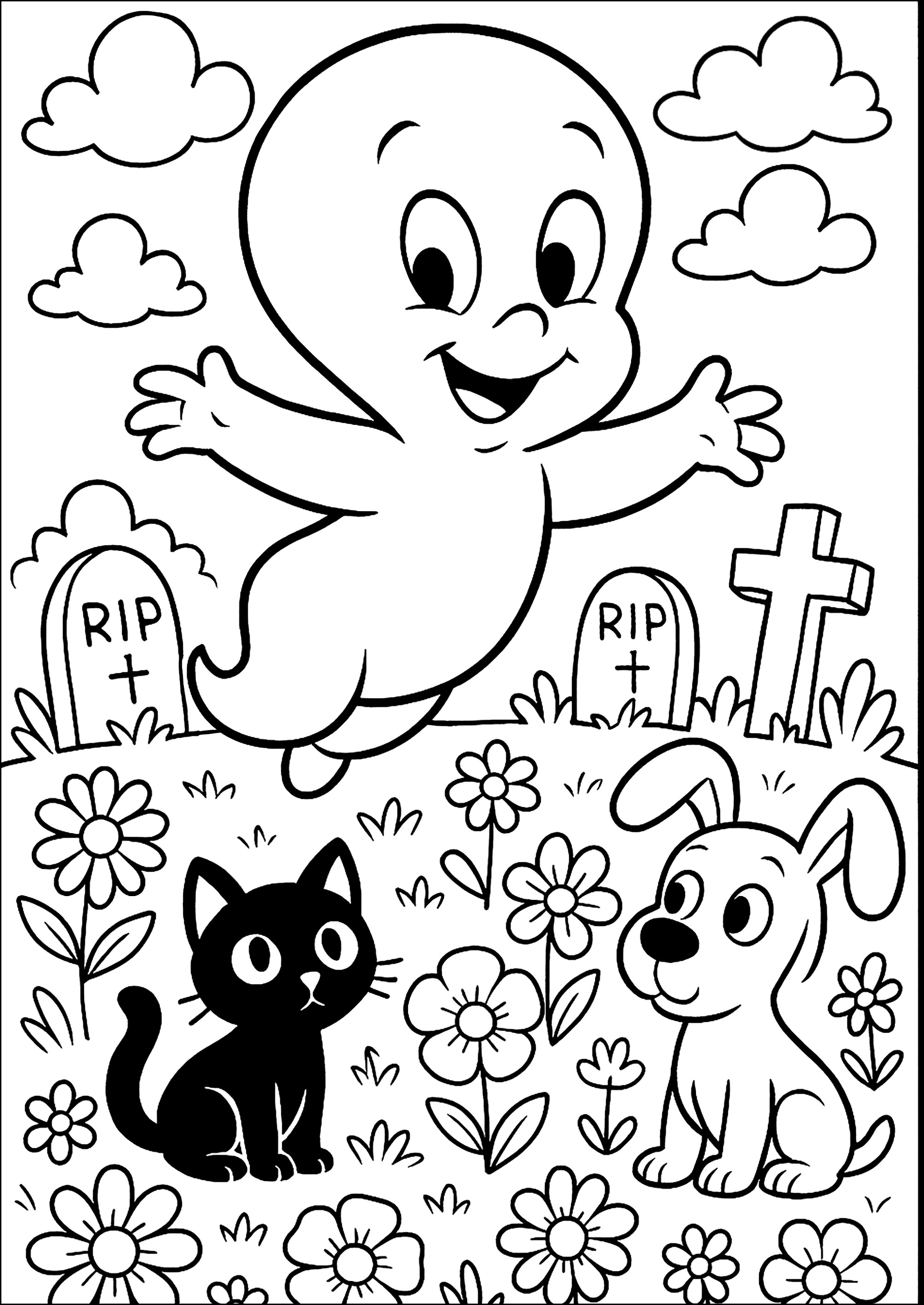 Casper en un cementerio (Página para imprimir para niños)