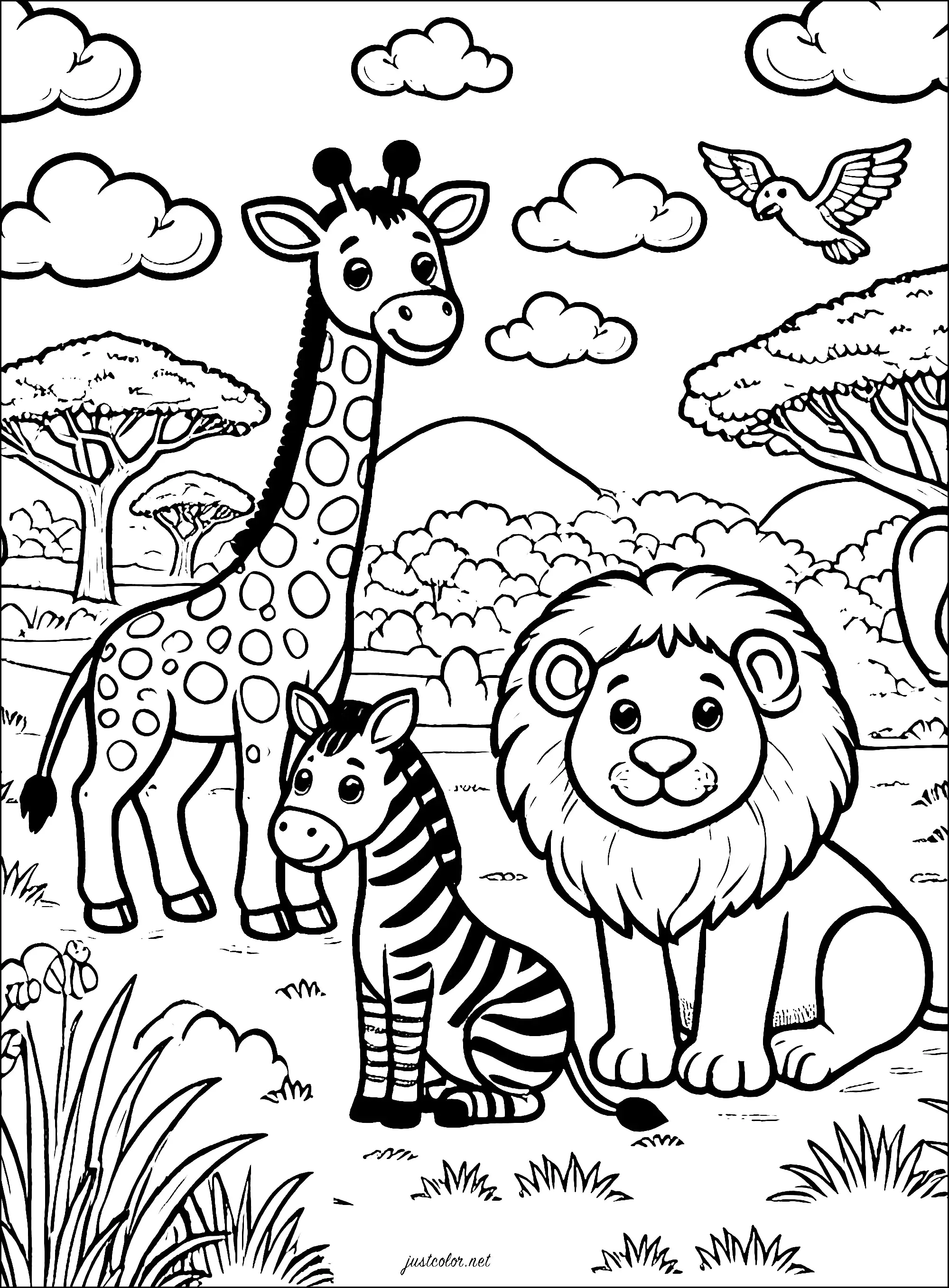 La pequeña cebra y sus amigos: el león y la jirafa (Página para imprimir para niños)