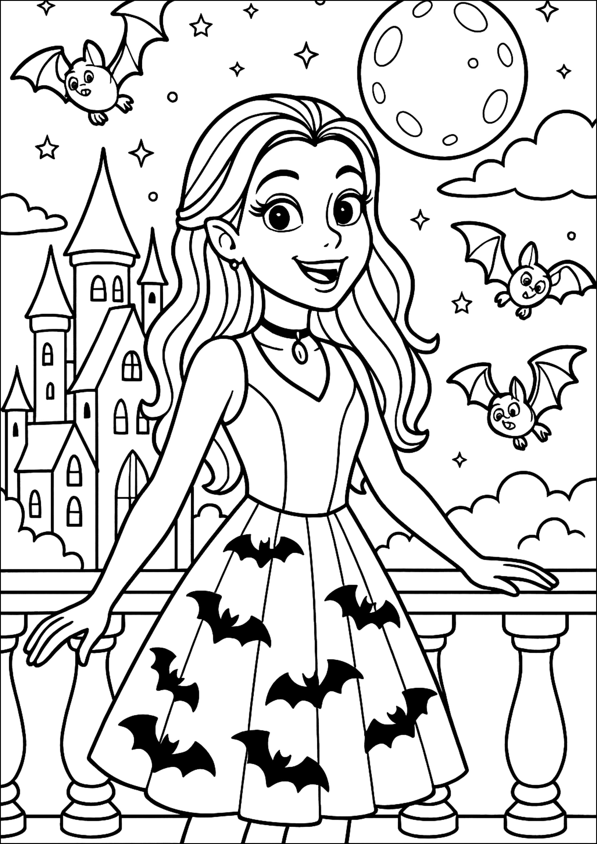 La Joven Vampira y su Castillo (Página de Chica Vampiro para imprimir para niños)