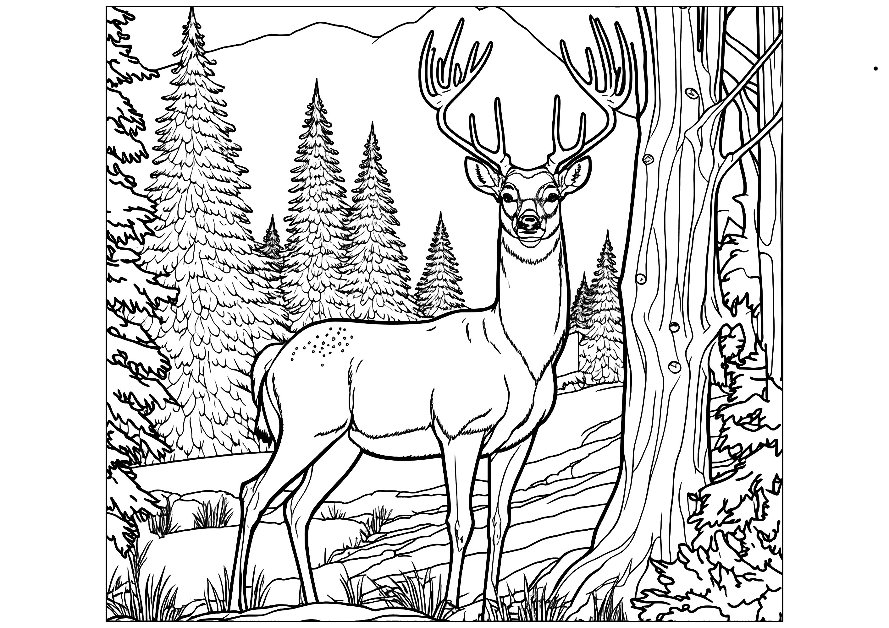 Colorear un majestuoso ciervo en el bosque