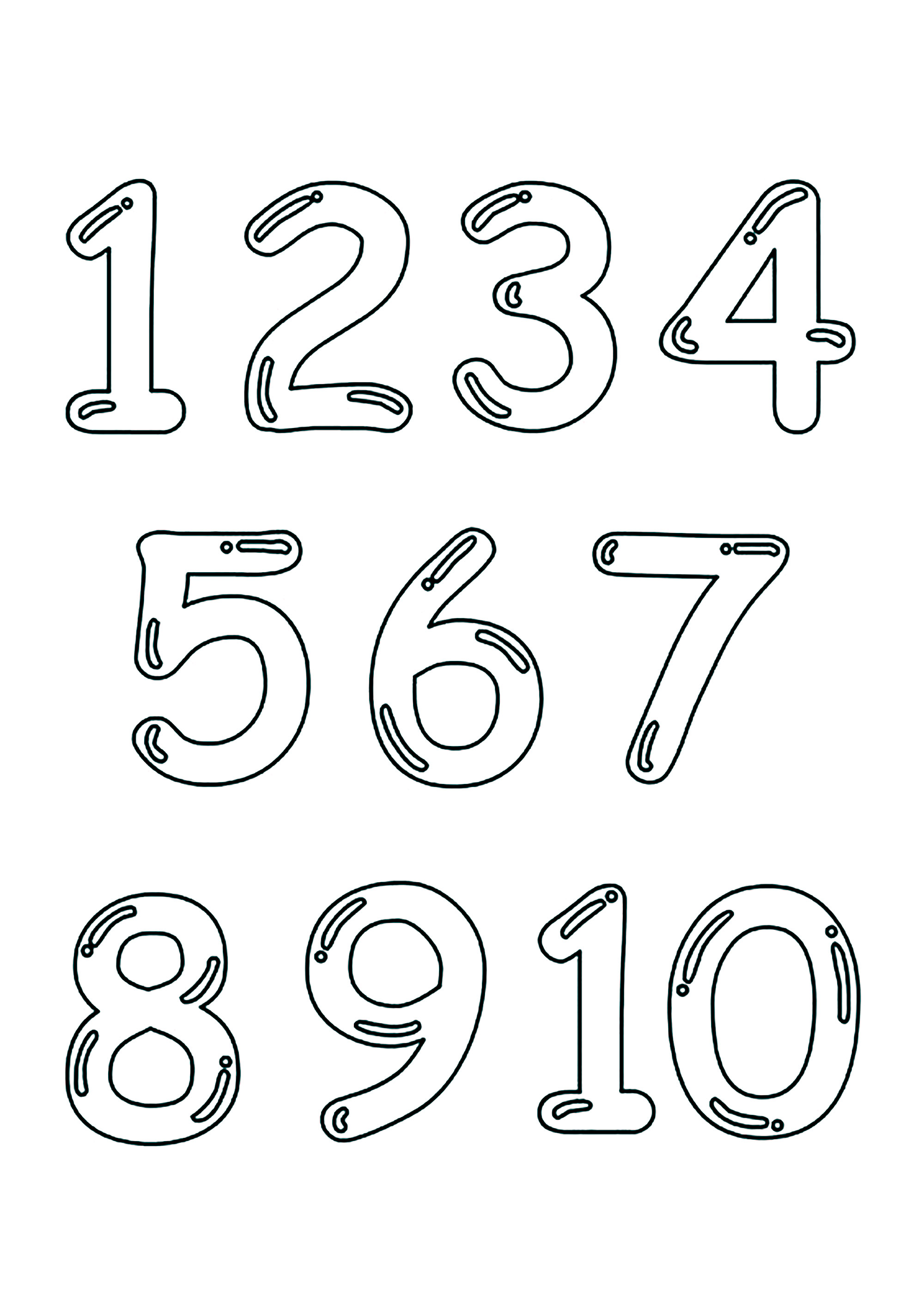 Dibujo sencillo de números del 0 al 10. Píntalos de diferentes colores.