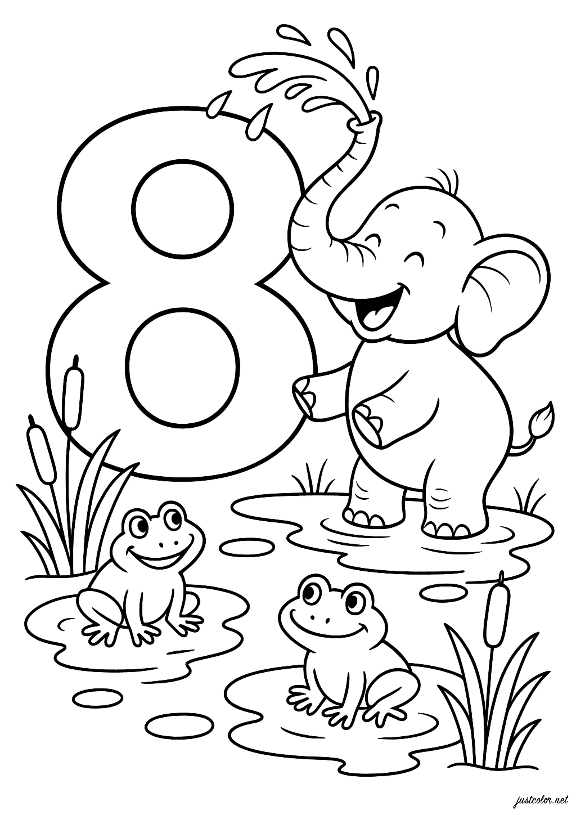 8: El elefante feliz y sus amigos rana (Página de Cifras para imprimir para niños)