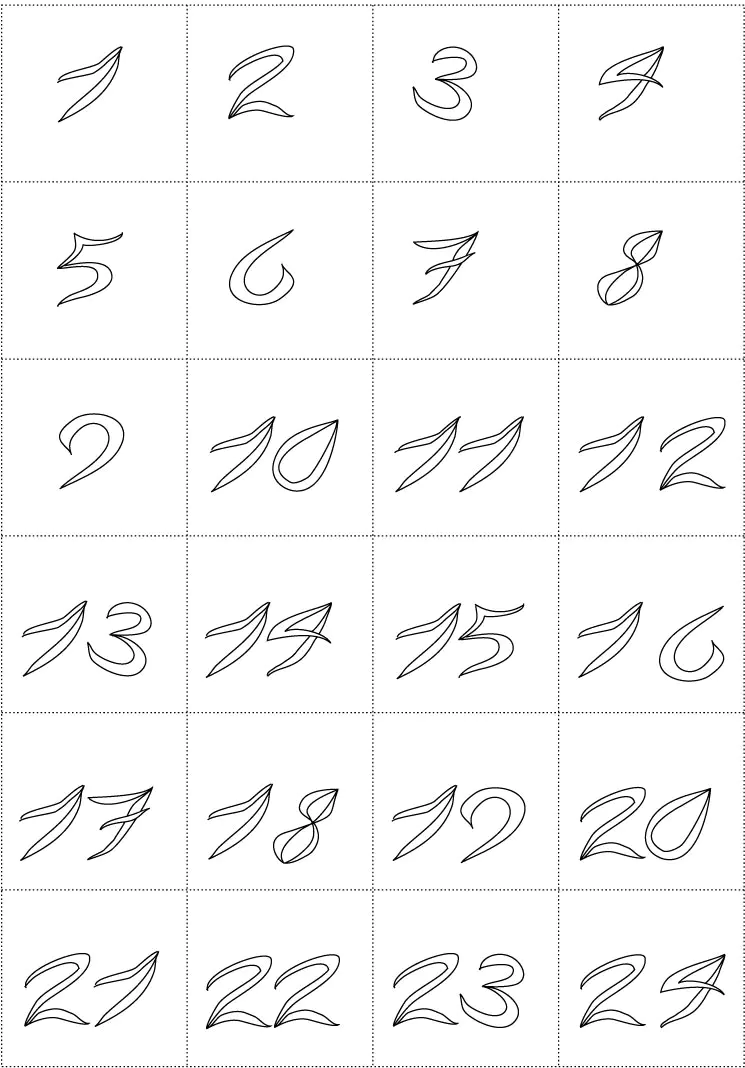 Cifras de 1 a 24 con un tipo de letra inclinado (Página para imprimir para niños)