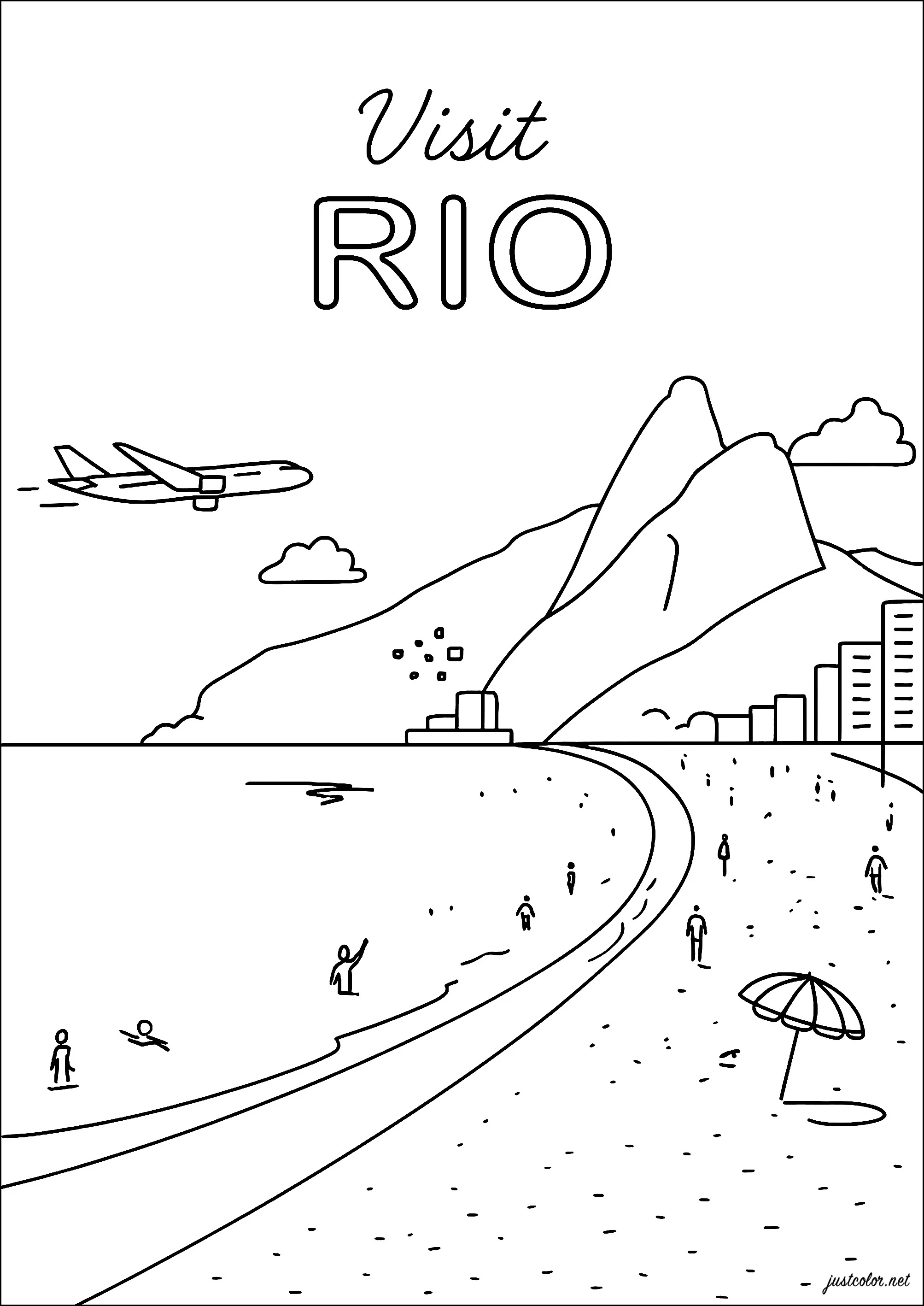 Una playa soleada y feliz en Río (Brasil) (Página de Cities para imprimir para niños)
