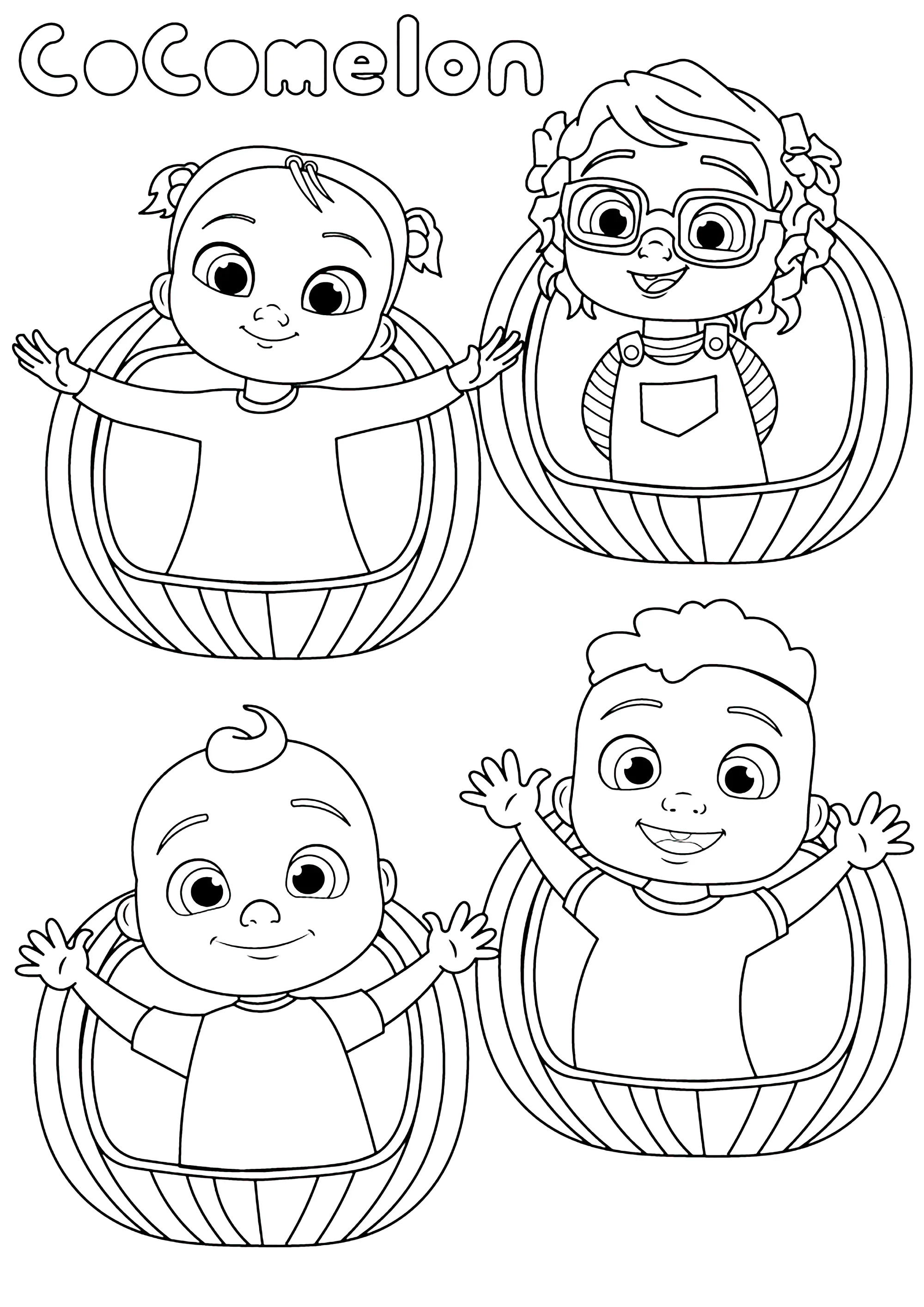Cuatro personajes de Cocomelon (Página para imprimir para niños)