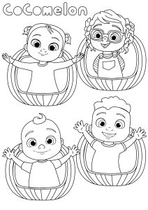 Página de Jj para imprimir para niños : Cuatro personajes de Cocomelon