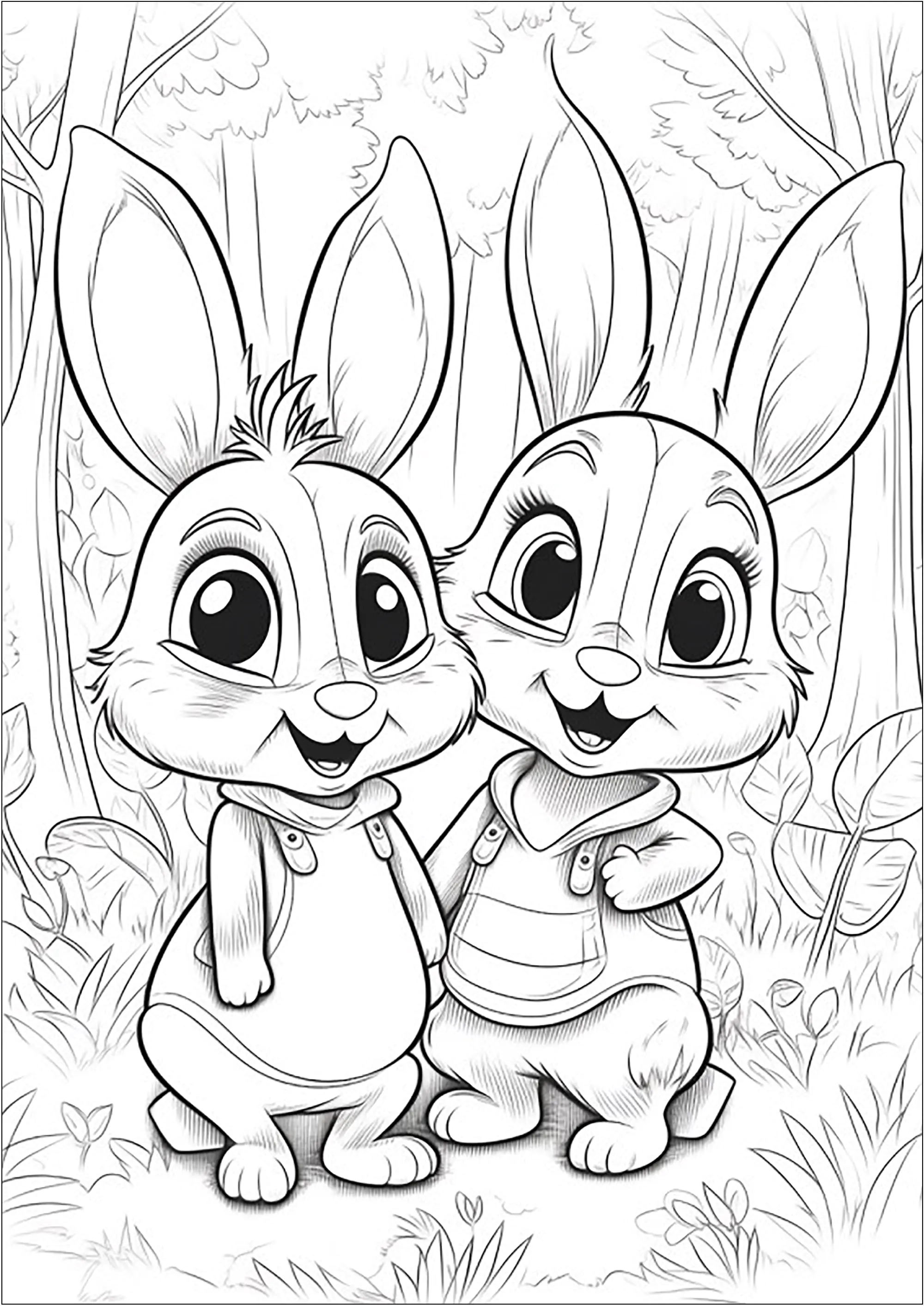 Dos pequeños Conejos en el bosque - 1 (Página para imprimir para niños)