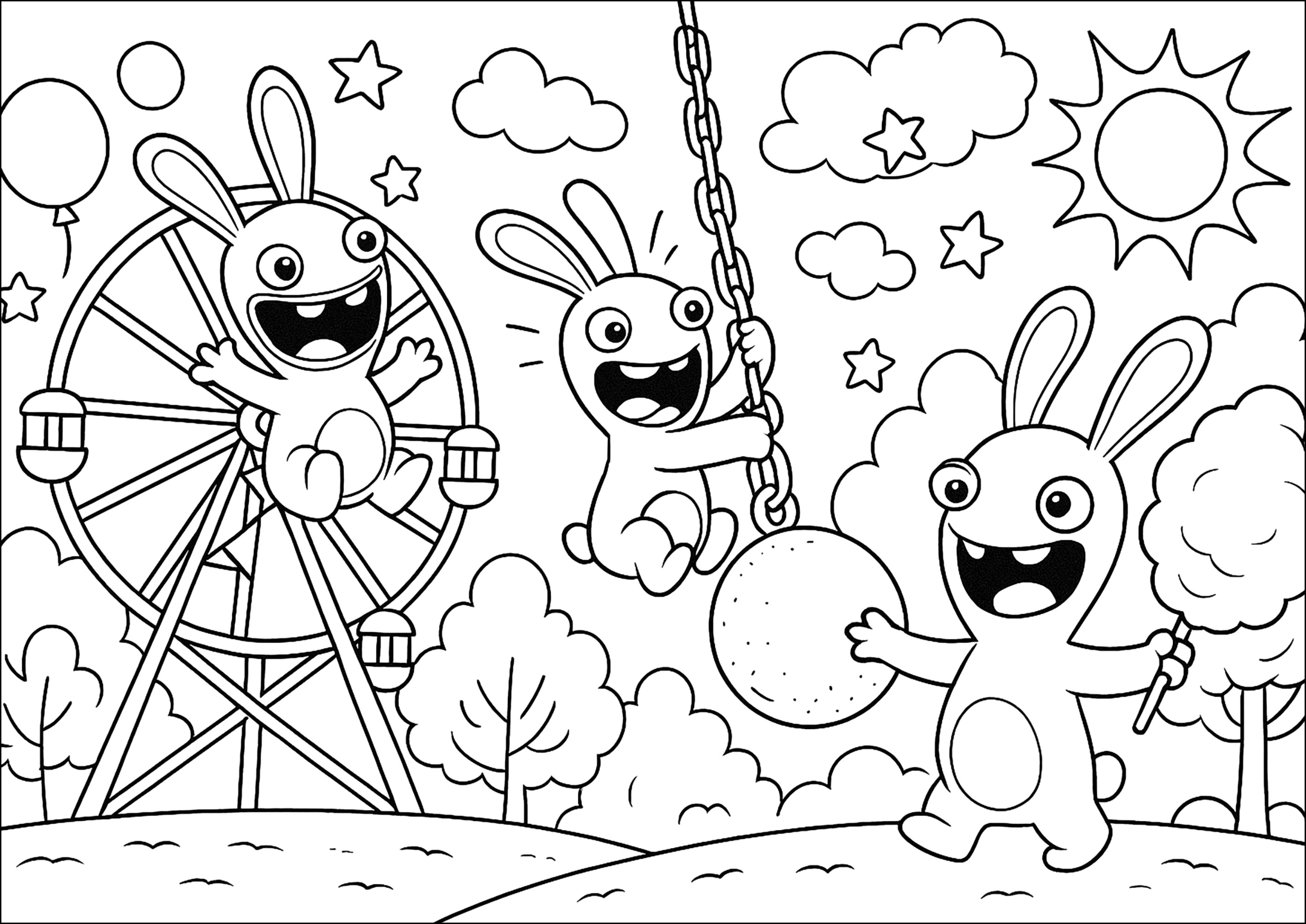 Aventuras Locas en el Parque de Atracciones (Página de Conejos Cretins para imprimir para niños)
