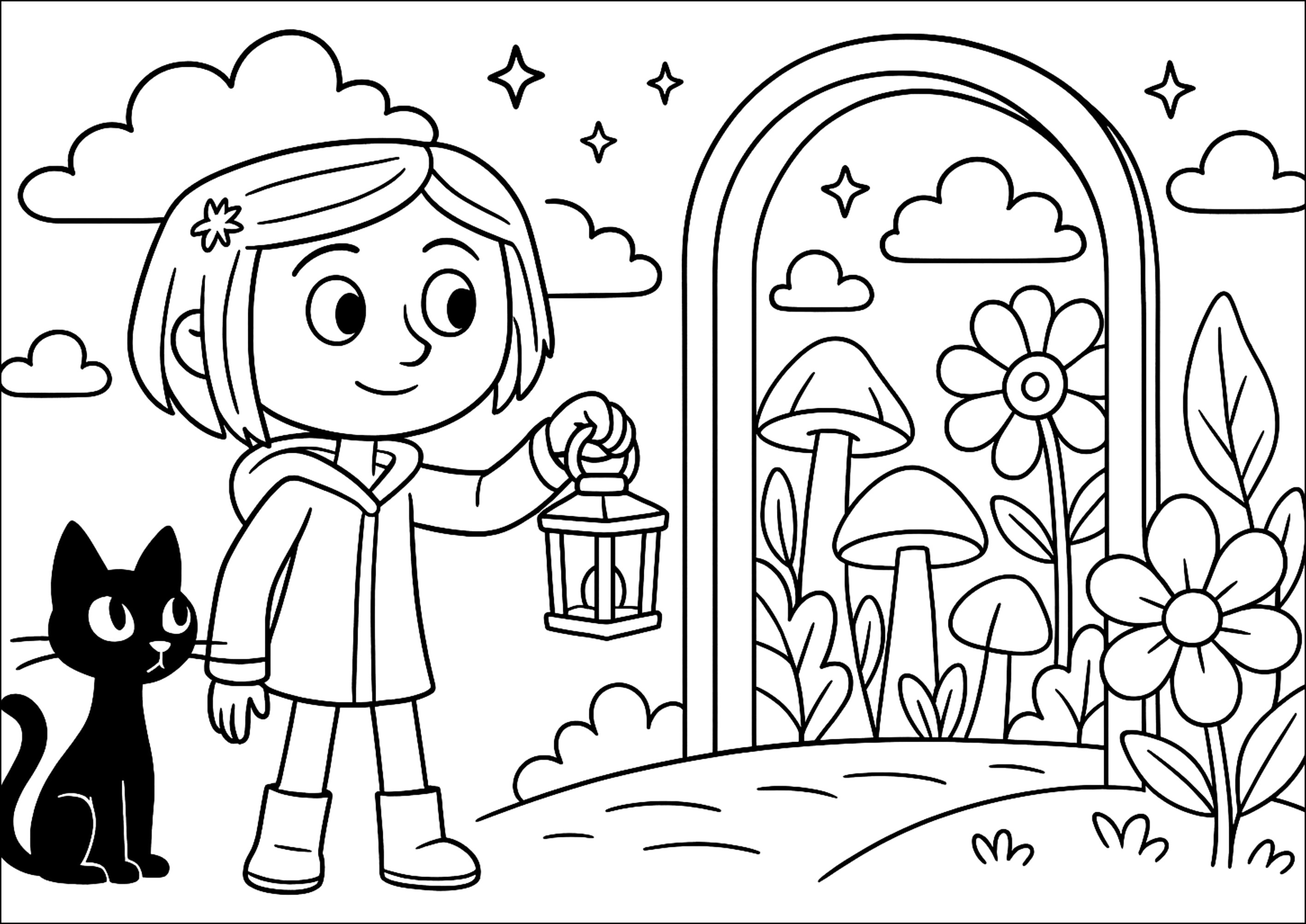 Viaje hacia un mundo mágico (Página de Coraline para imprimir para niños)