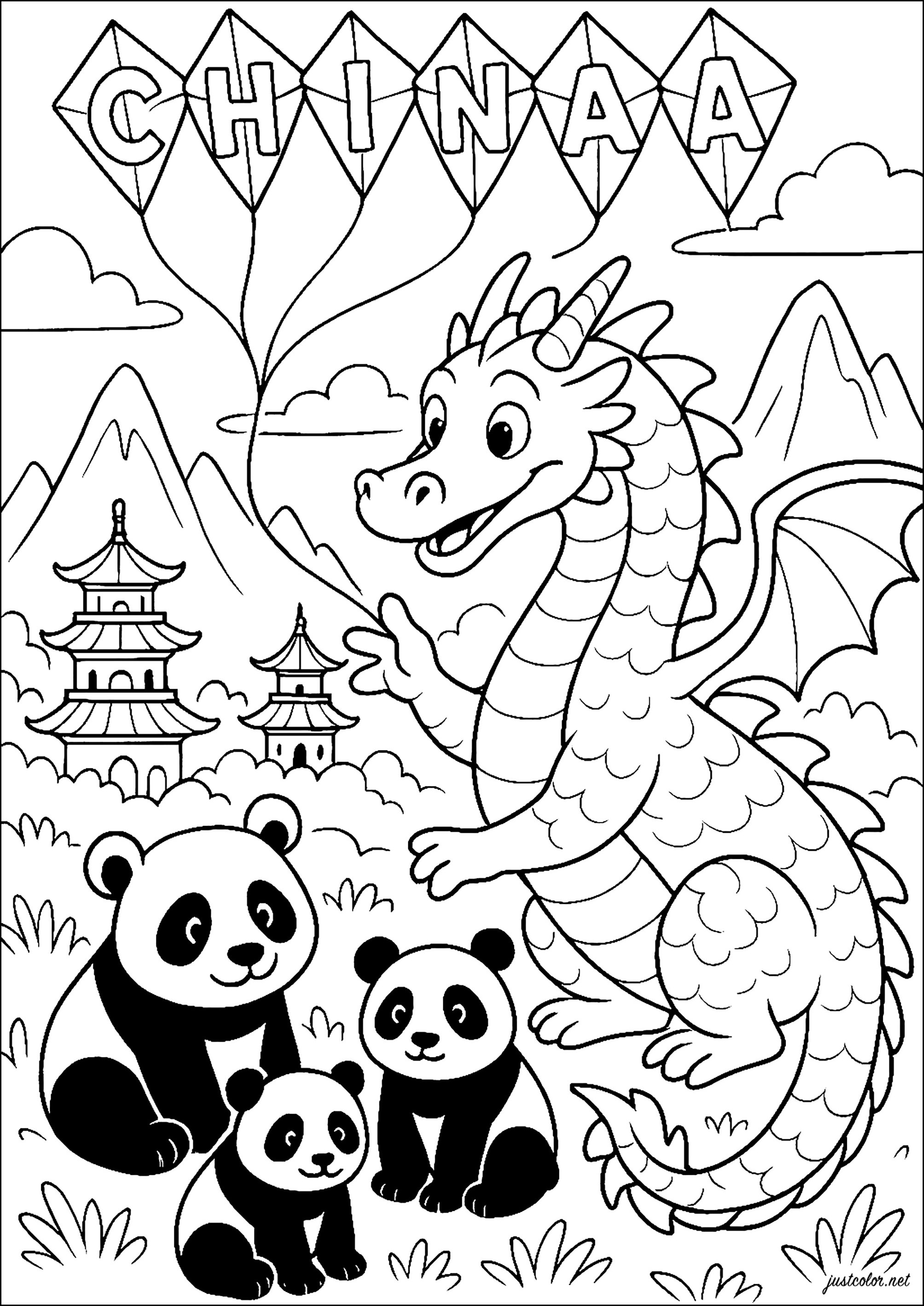China: dragones y pandas (Página de Country para imprimir para niños)