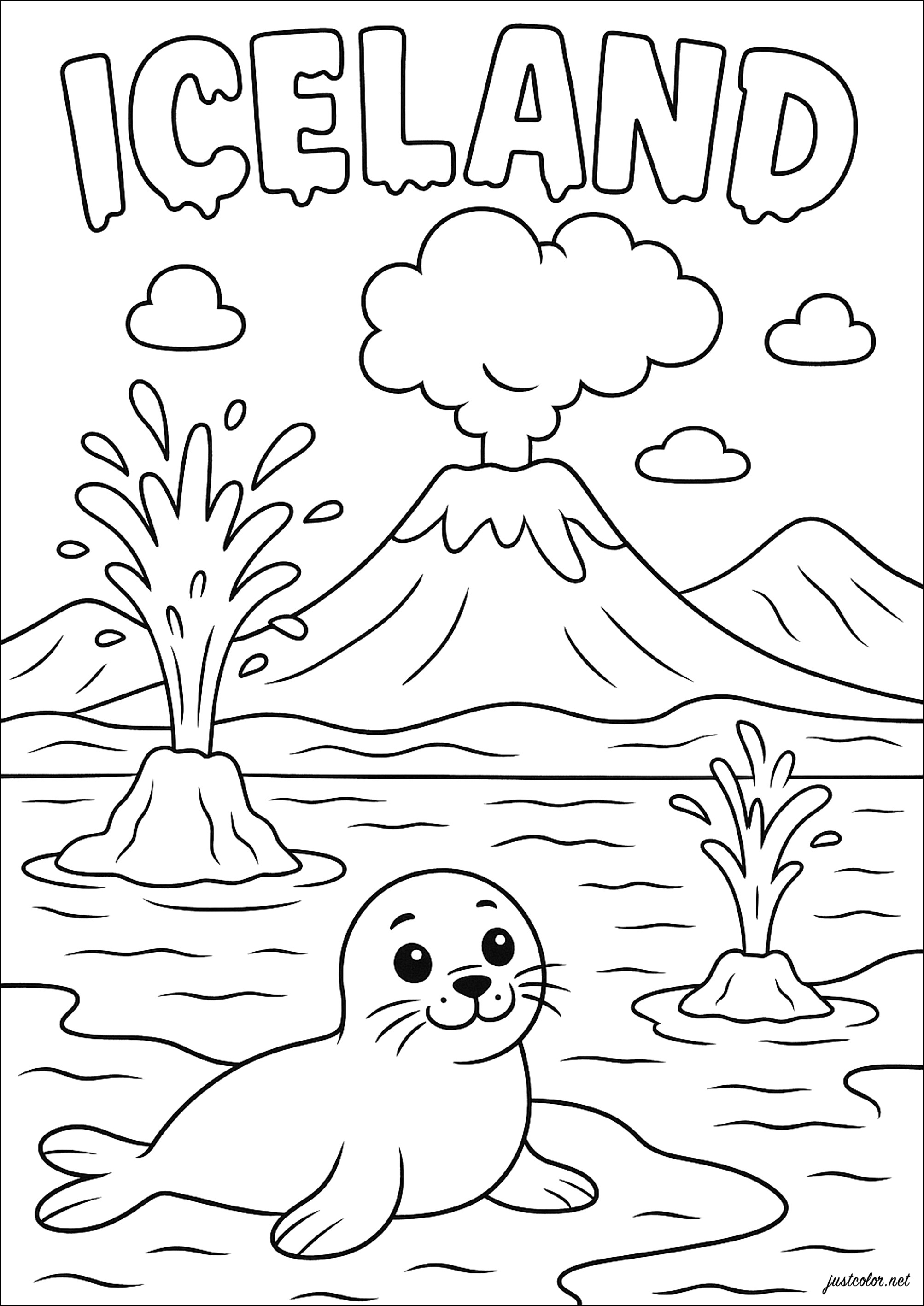 Islandia: Eyjafjallajökull, géiseres y focas (Página de Country para imprimir para niños)