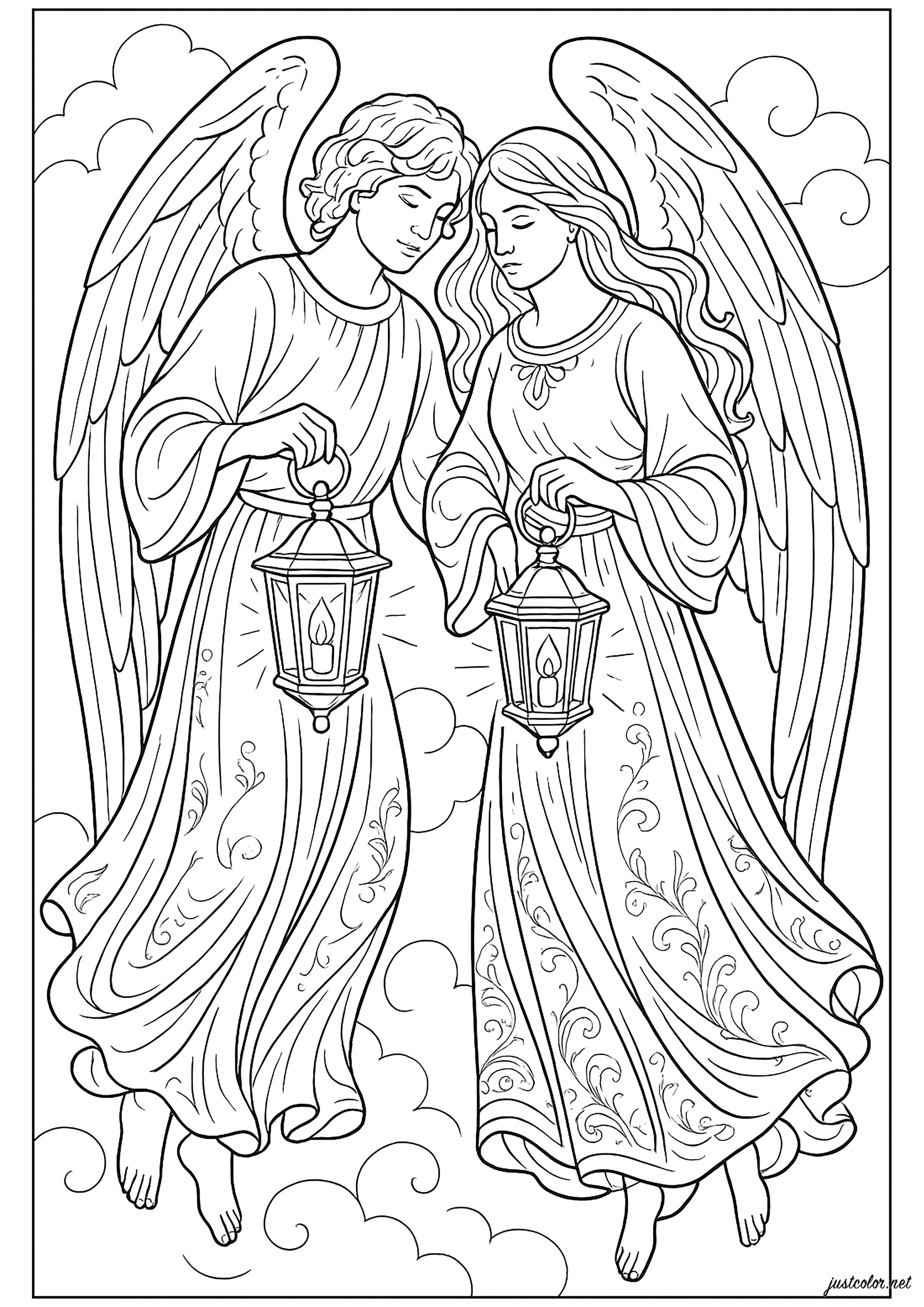 Dos ángeles guardianes iluminando el cielo (Página de Cristiandad para imprimir para niños)