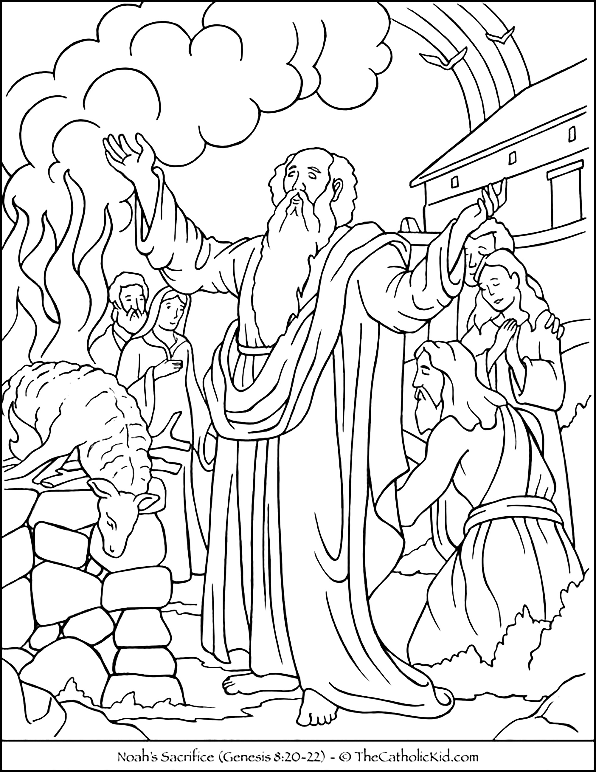 El sacrificio de Noé. Noé, su esposa y otros celebrando el sacrificio de un carnero.