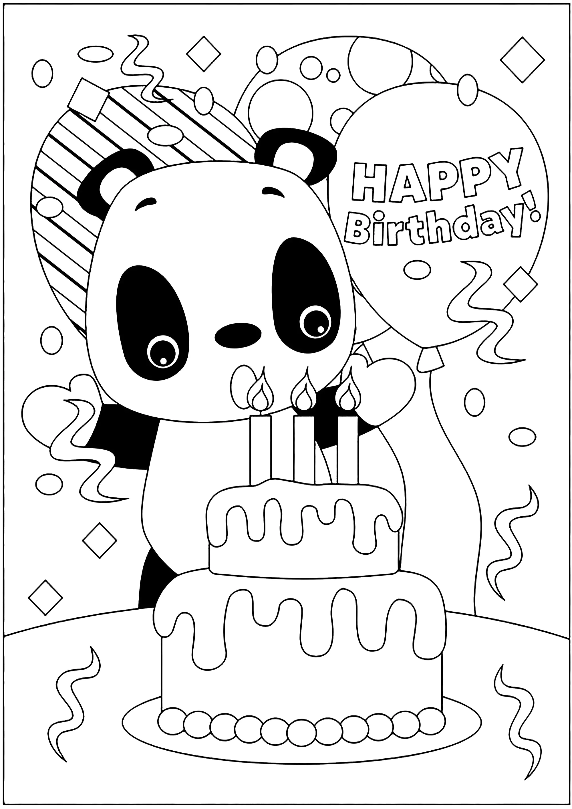 Panda celebra su 3er cumpleaños (Página para imprimir para niños)