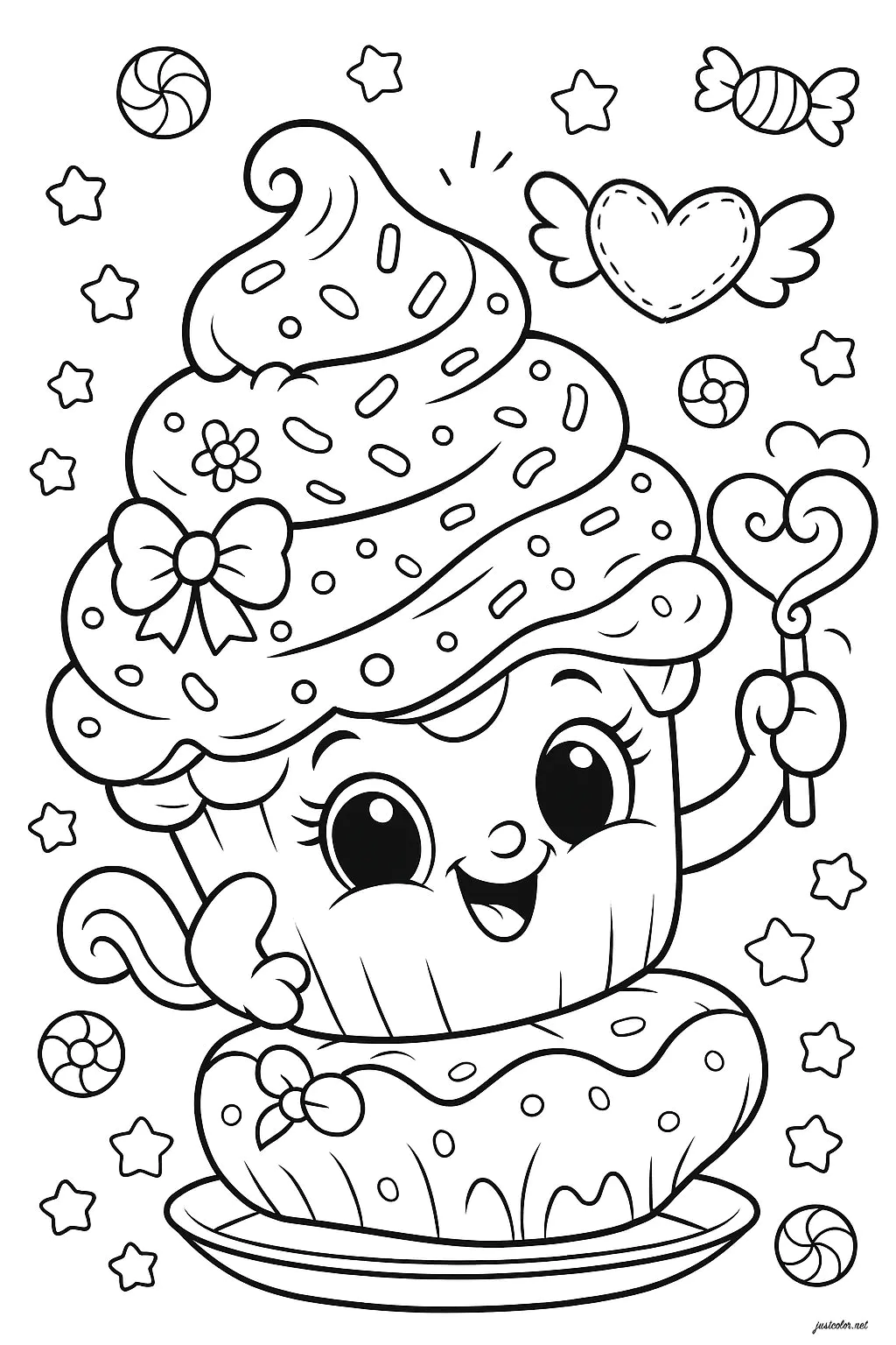 Dulce cupcake rodeado de estrellas y corazones (Página de Cupcakes y pasteles para imprimir para niños)