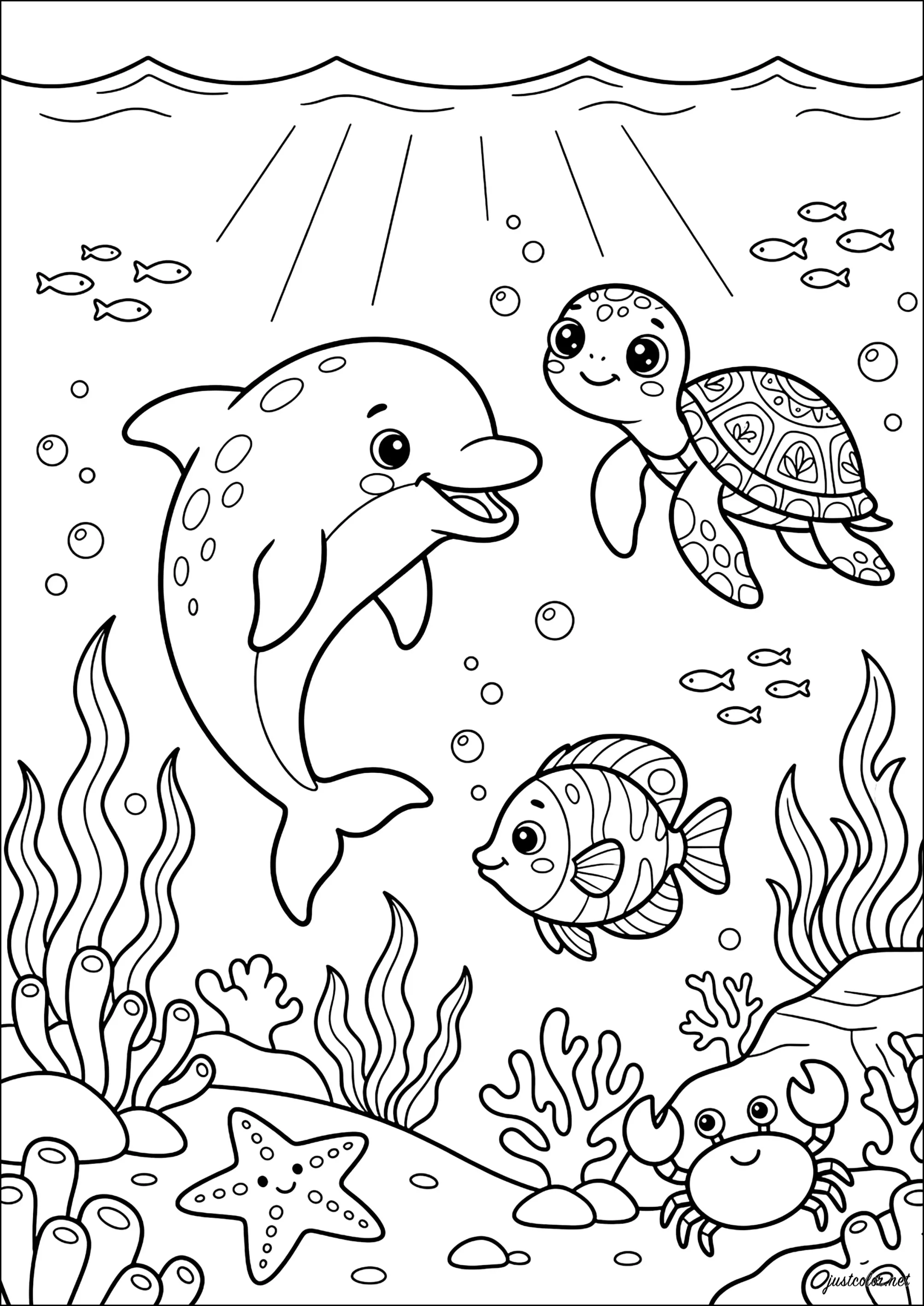 Encuentro alegre bajo el océan (Página de Delfines para imprimir para niños)