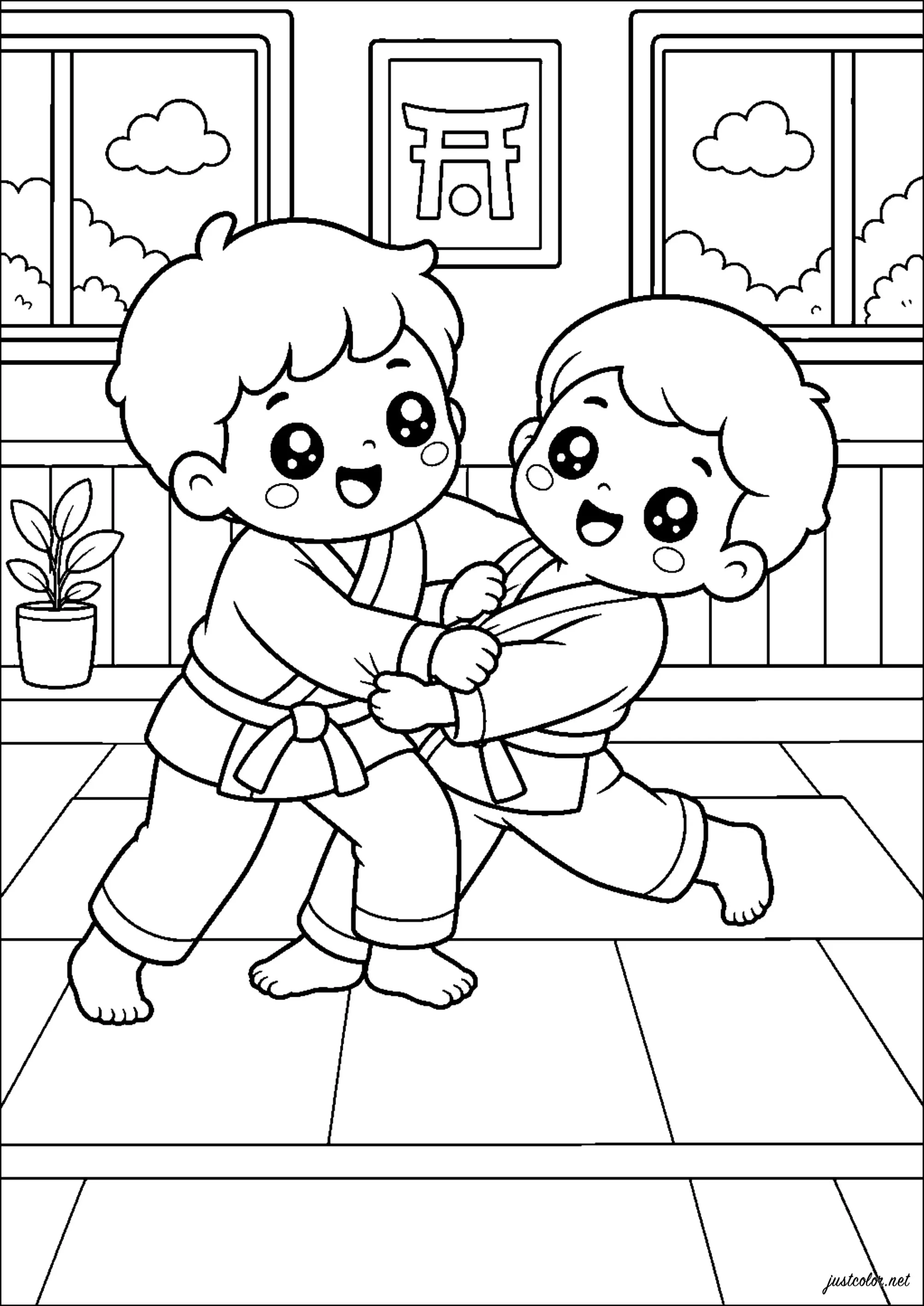 Jóvenes judokas en plena acción (Página de Deportes para imprimir para niños)