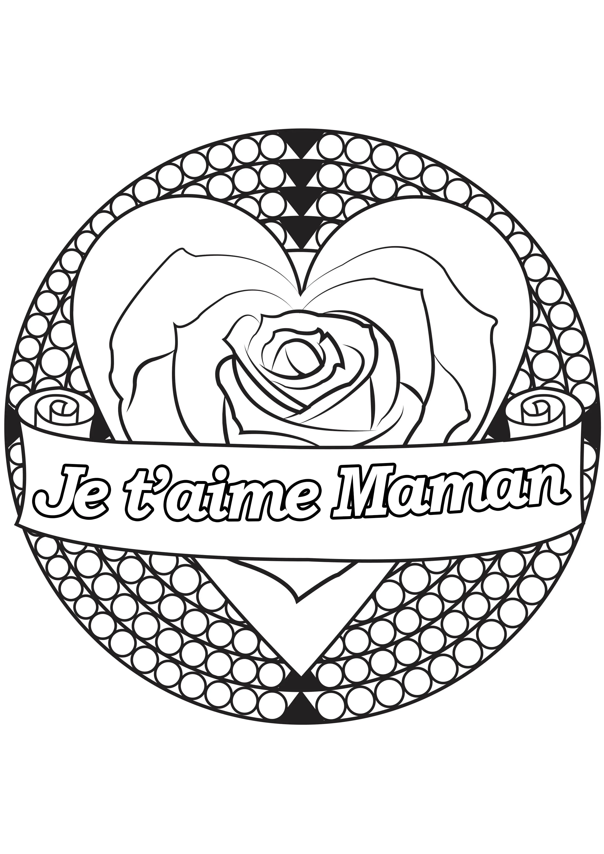 "Je t'aime maman": rosa y corazón (Página de Día de la Madre para imprimir para niños)