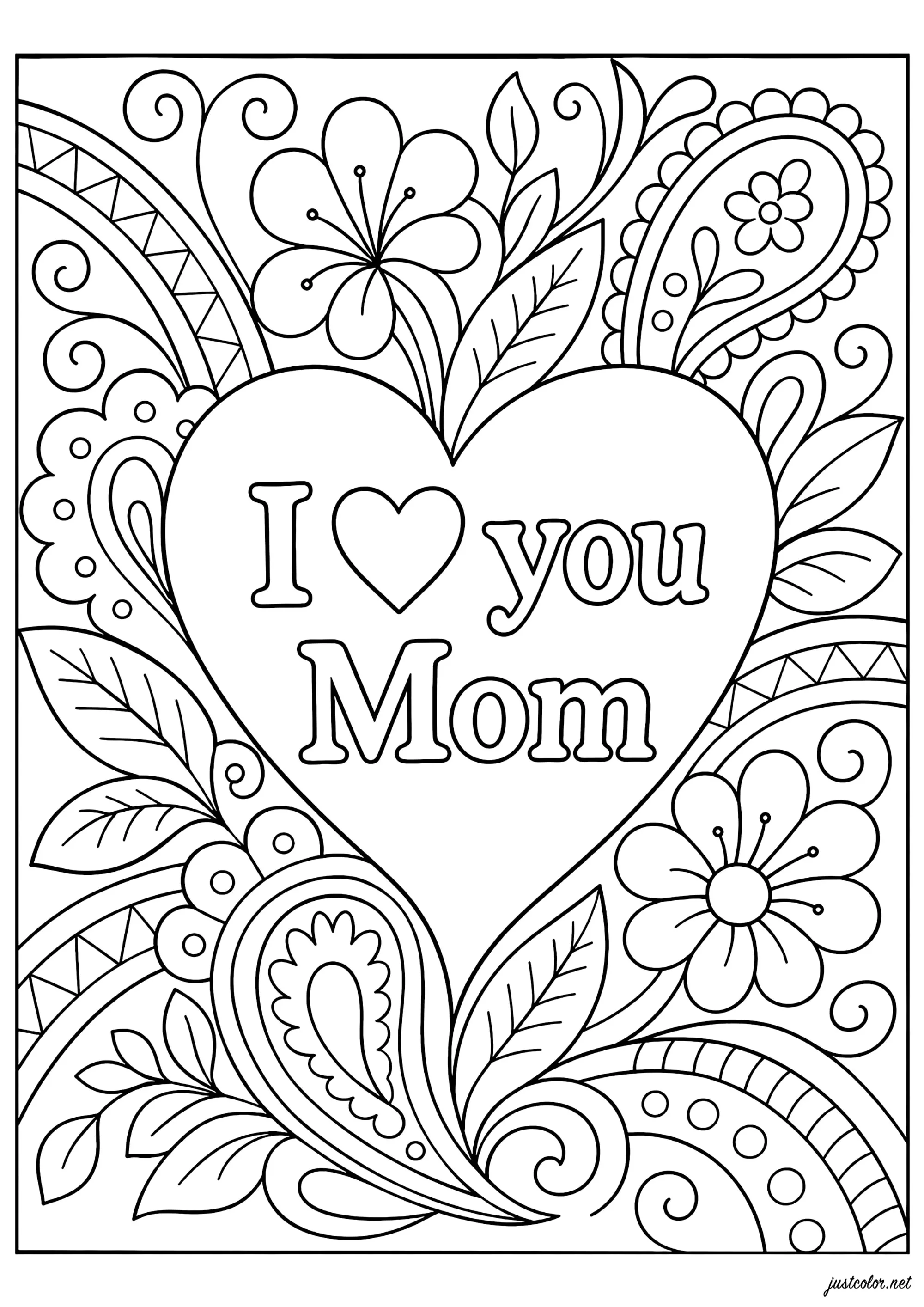 Corazón florecido "Te quiero mamá" (Página de Día de la Madre para imprimir para niños)