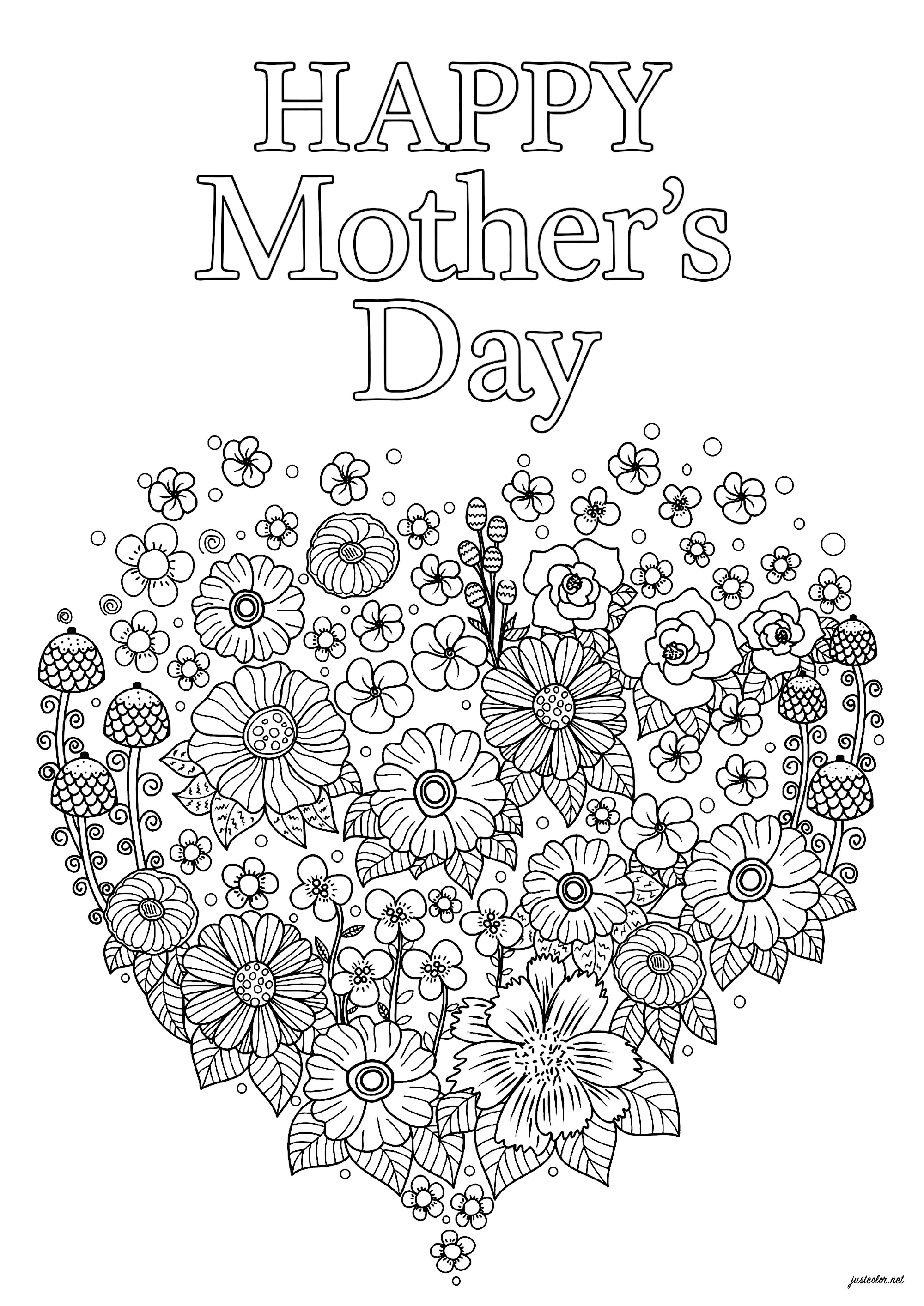 Flores en un corazón (Página de Día de la Madre para imprimir para niños)