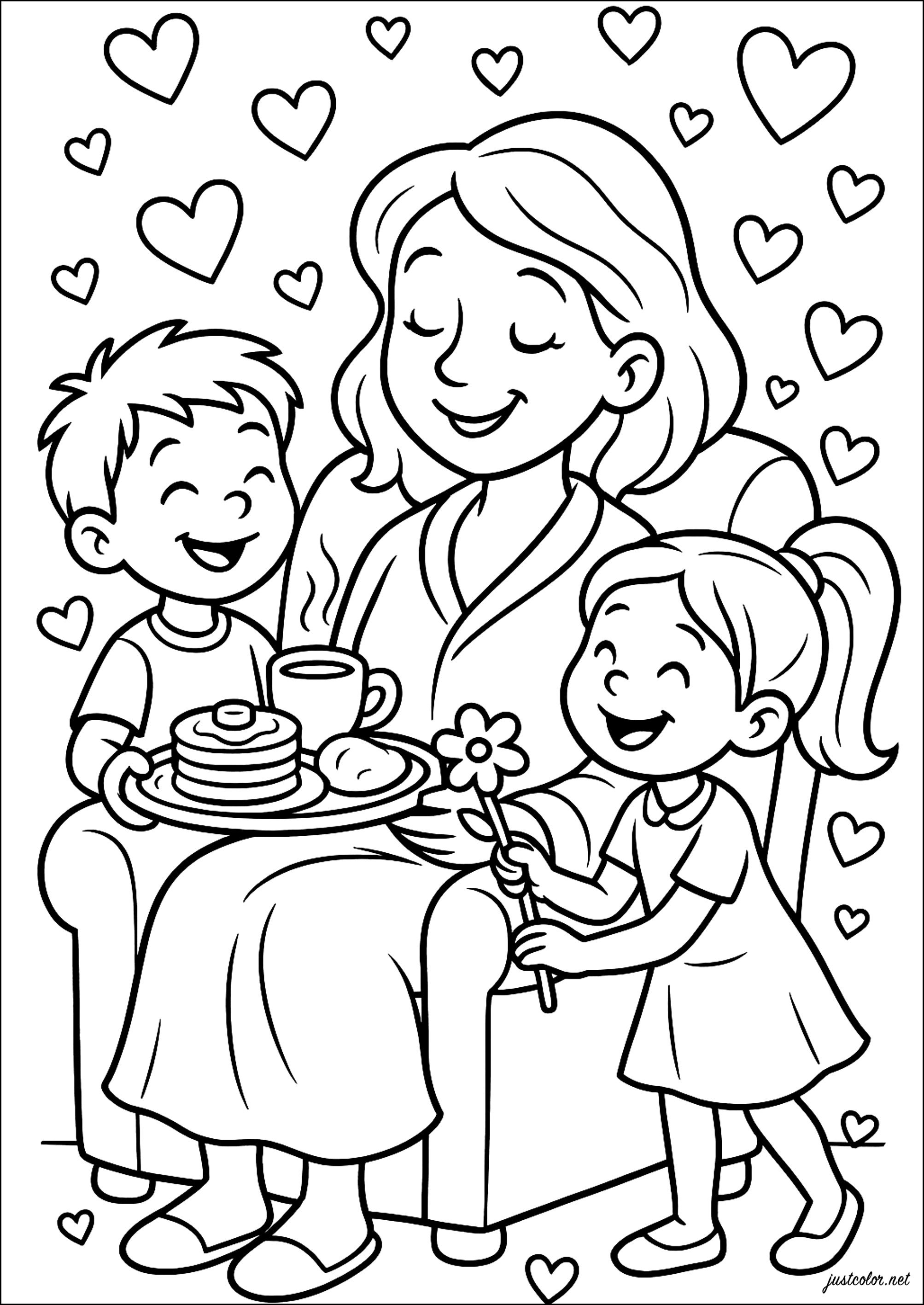 Un momento feliz en familia (Página de Día de la Madre para imprimir para niños)