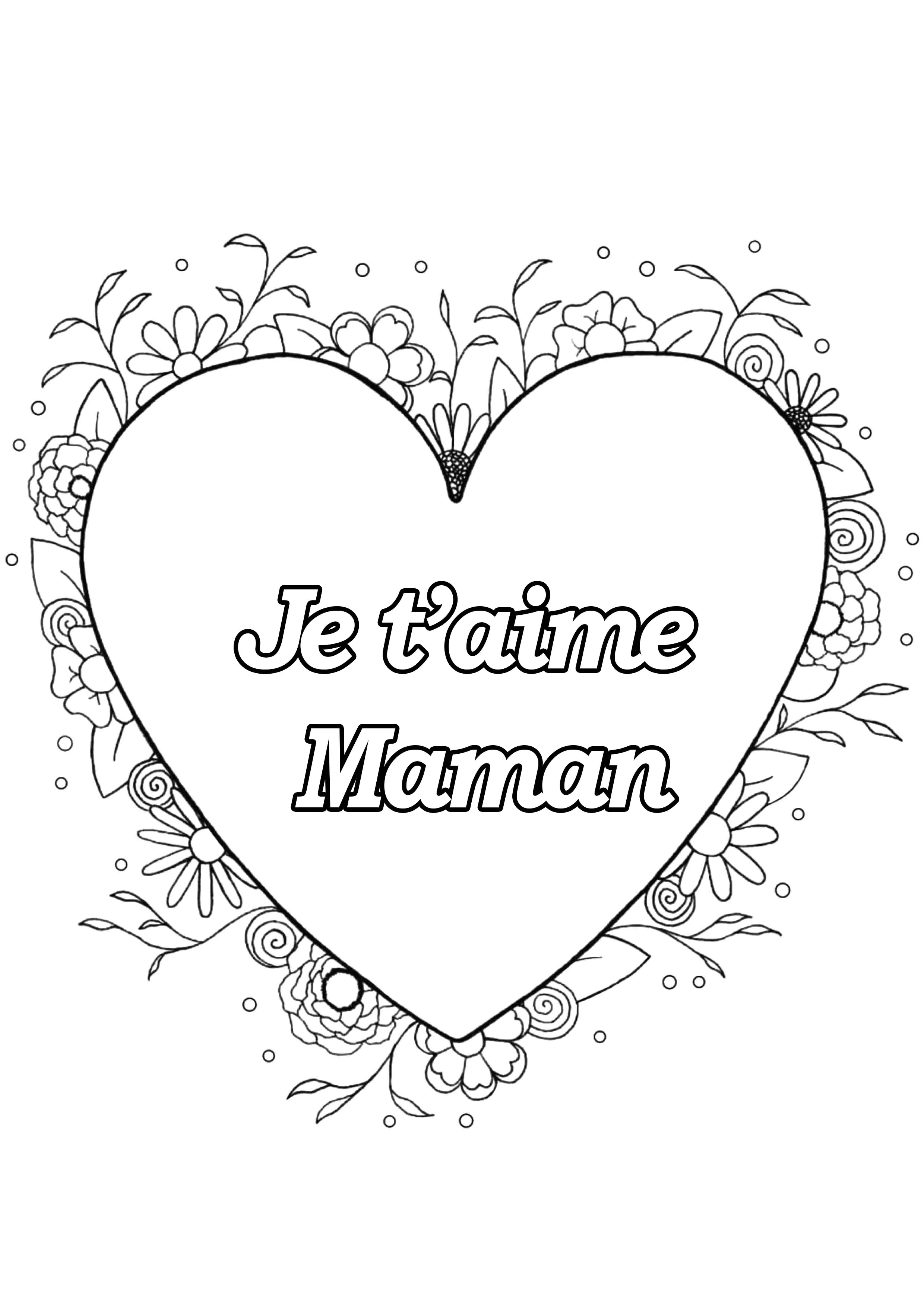 "Te quiero mamá" en un gran corazón (Página de Día de la Madre para imprimir para niños)