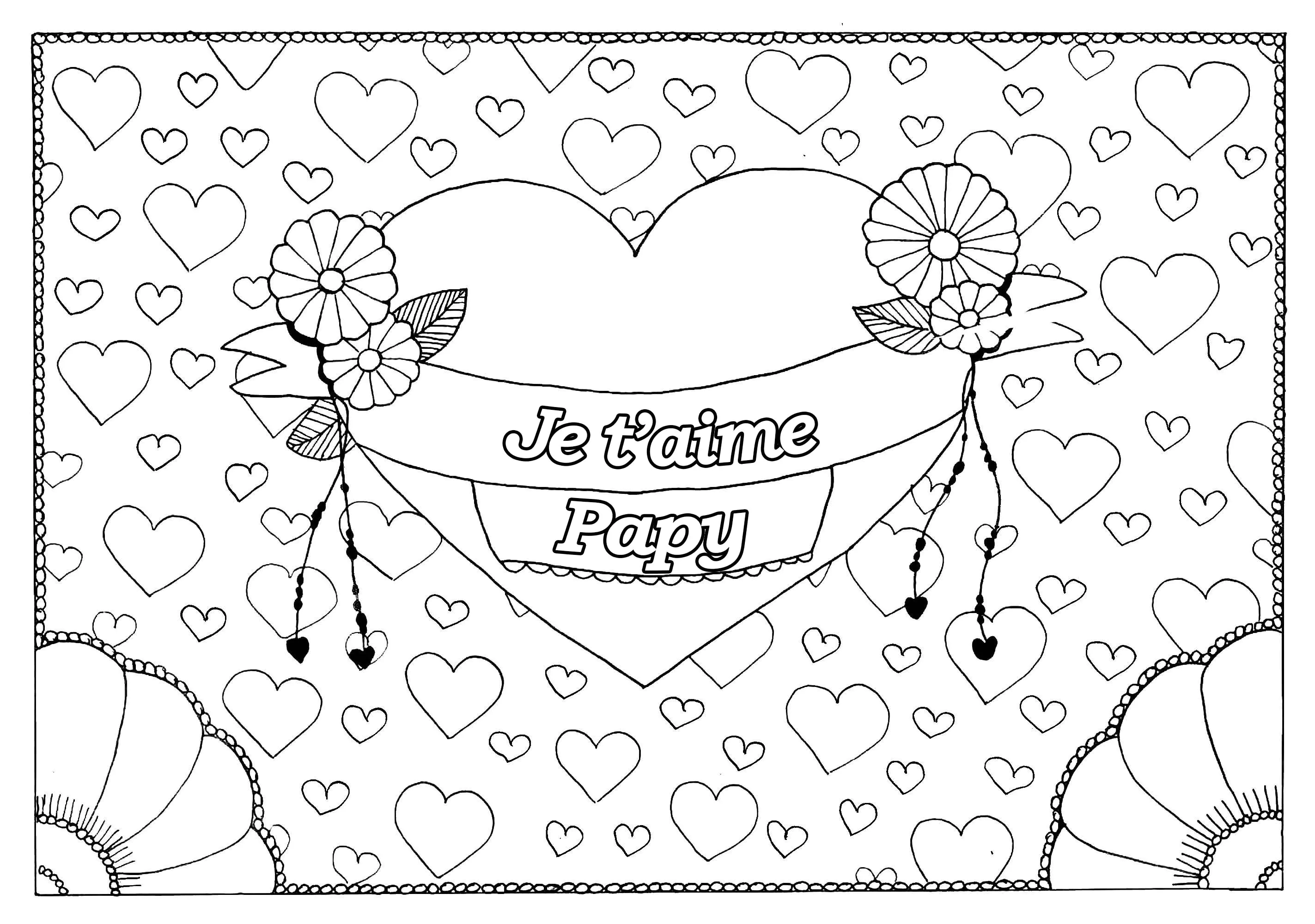 "Te quiero abuelo" en un gran corazón rodeado de corazoncitos (Página de Día de los Abuelos para imprimir para niños)