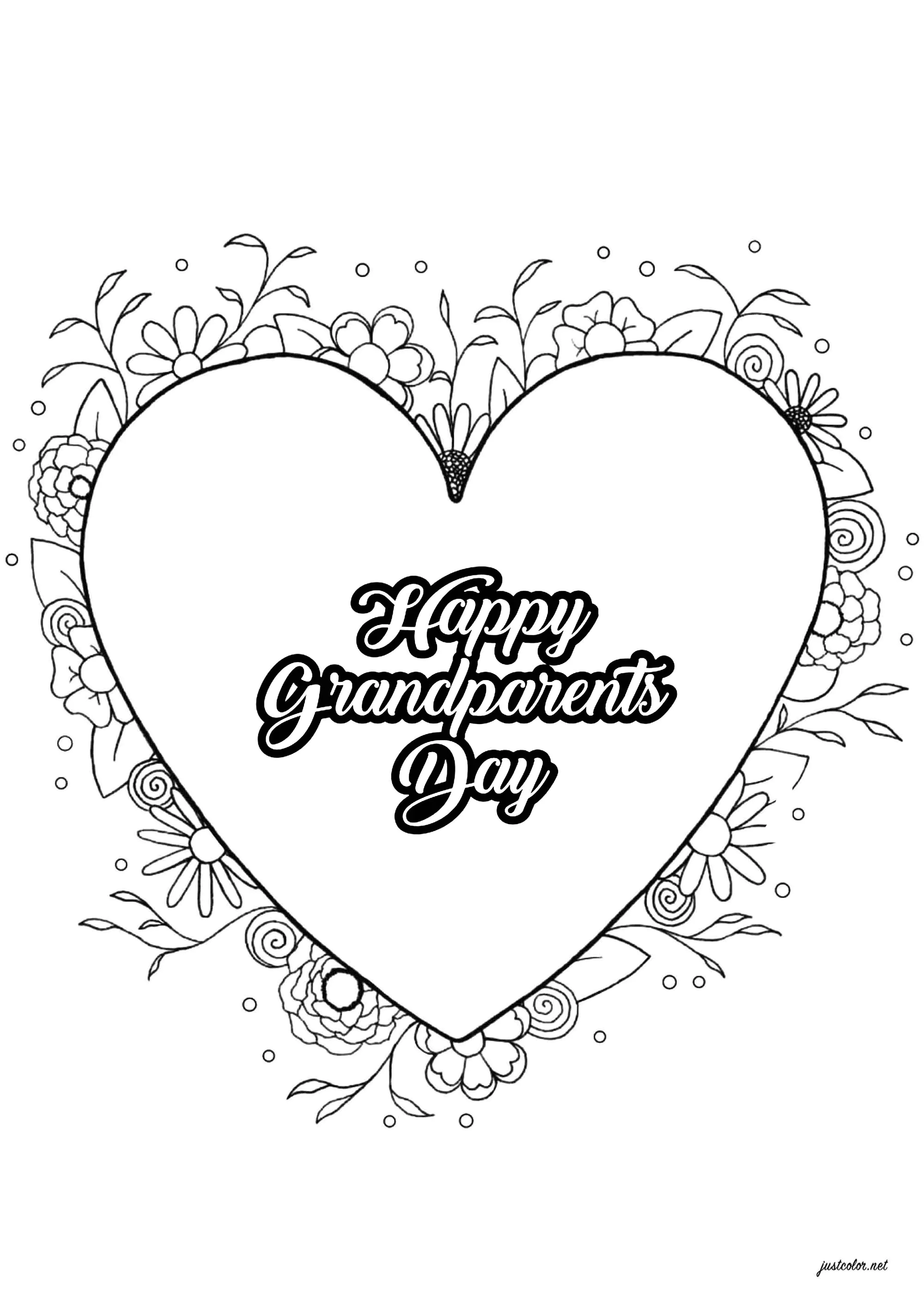 Corazón con texto "Feliz día de los abuelos (Página para imprimir para niños)