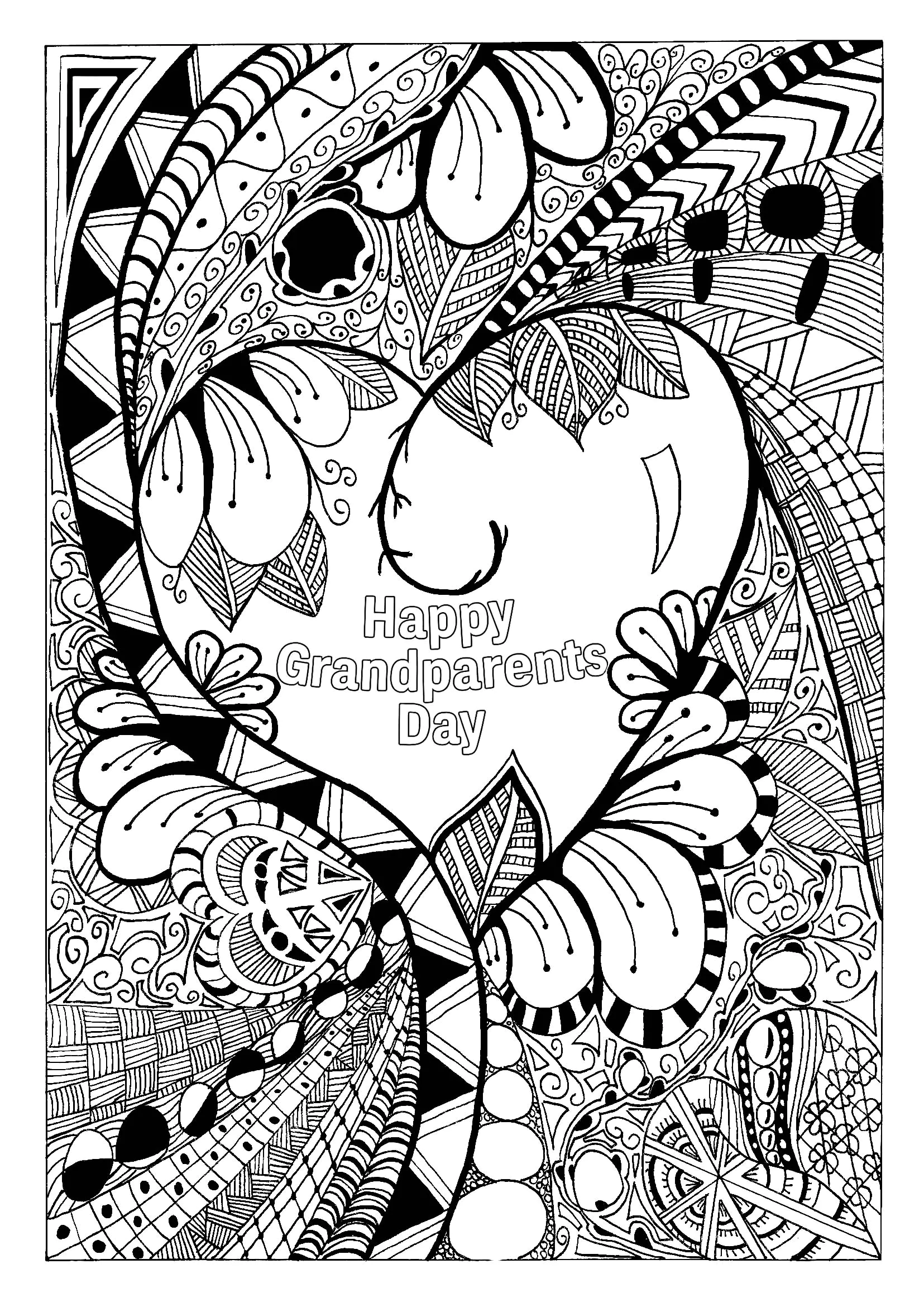 Feliz día de los abuelos y Zentangle (Página para imprimir para niños)