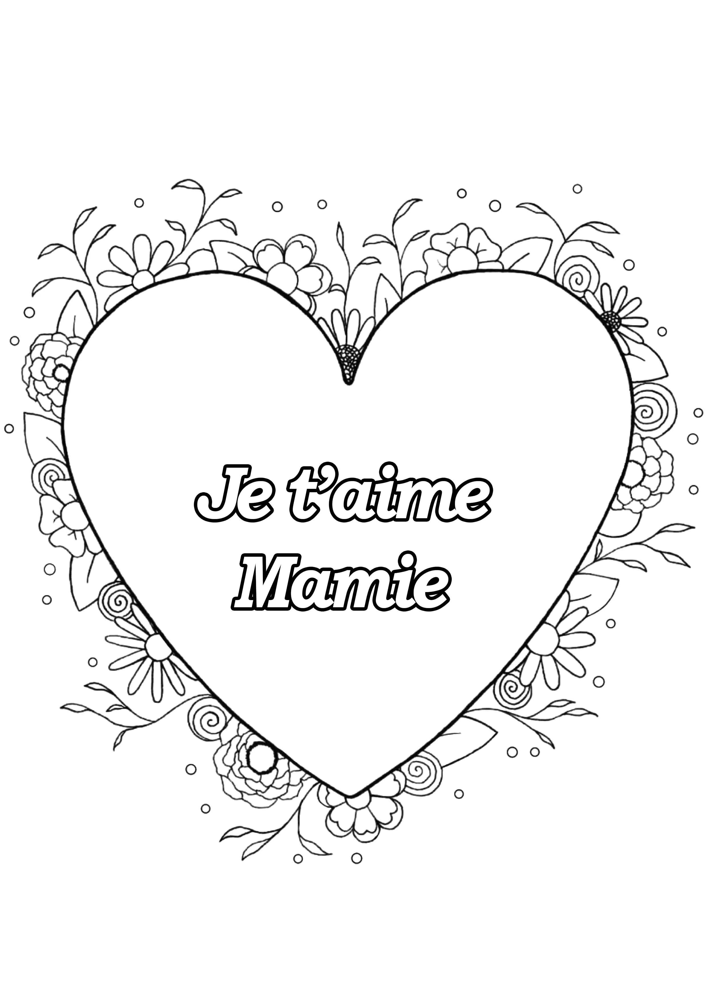 Corazón y texto "Je t'aime Mamie (Página de Día de los Abuelos para imprimir para niños)