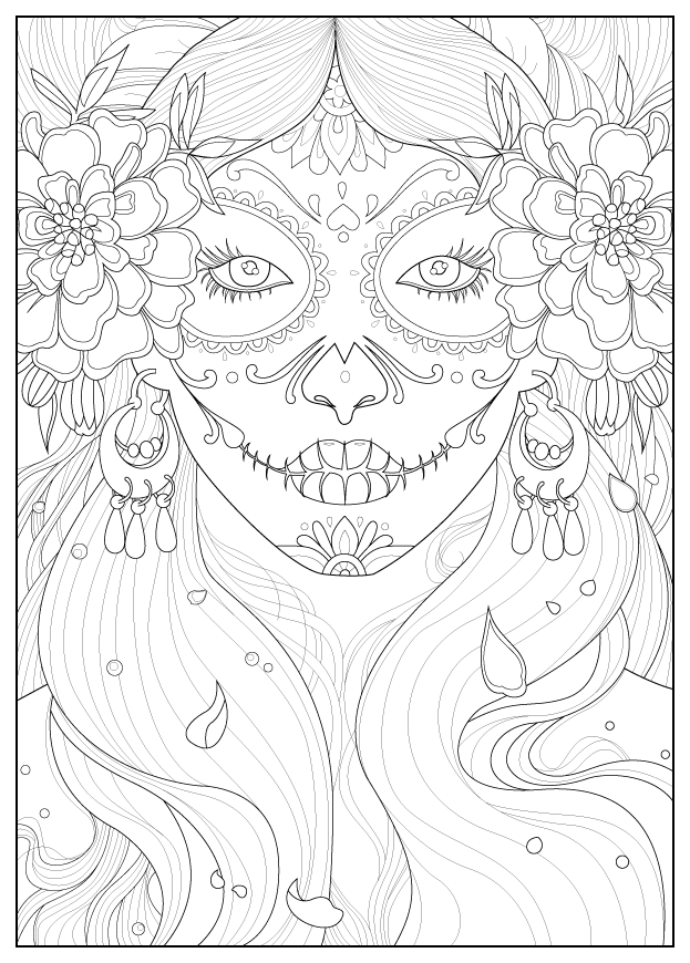 Coloreado inspirado en la tradicional fiesta mexicana 'Día de los Muertos', con una mujer maquillada para la ocasión.