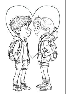 Jóvenes escolares enamorados (Página de Día de San Valentín  para imprimir)