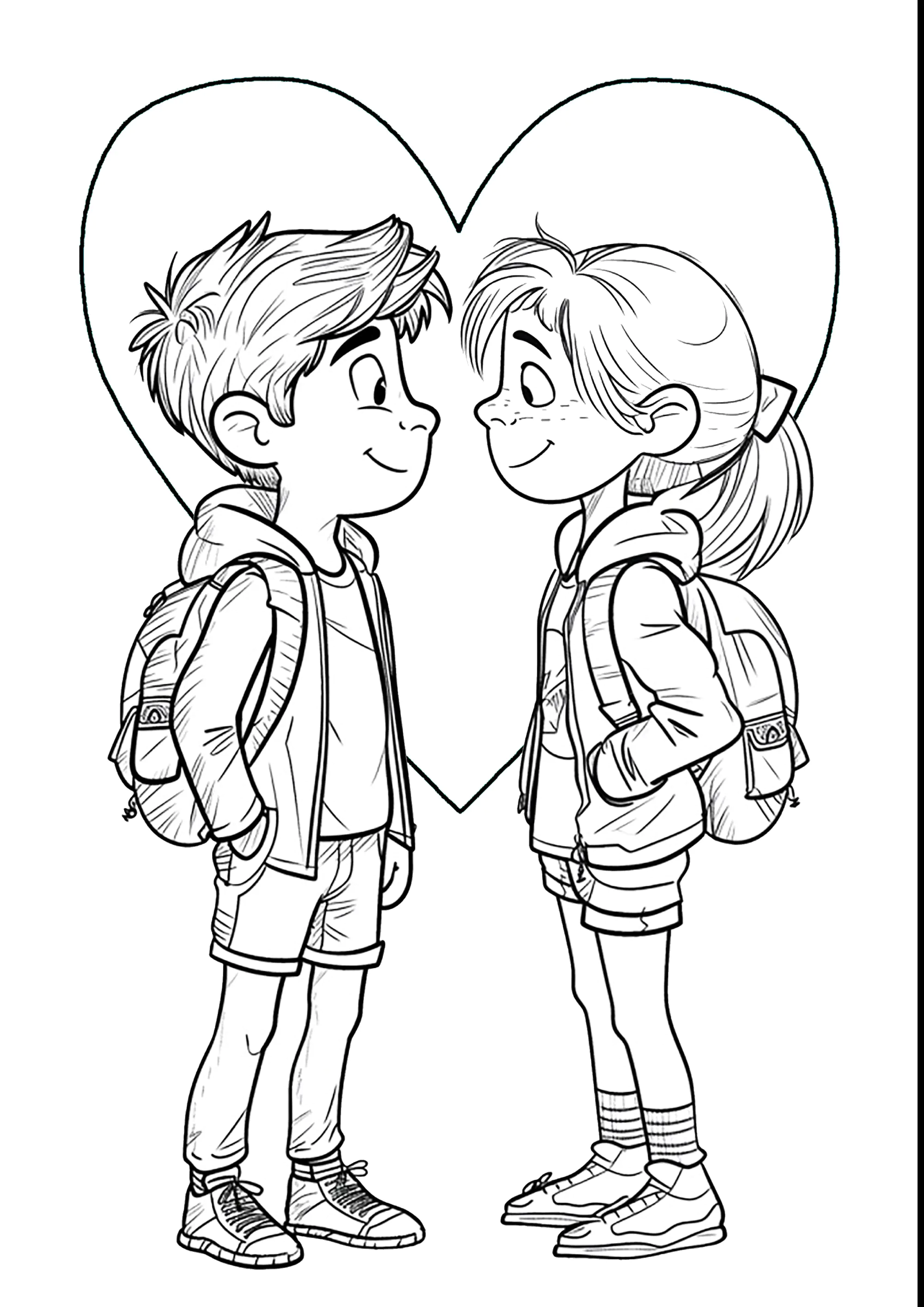 Jóvenes escolares enamorados (Página de Día de San Valentín para imprimir para niños)