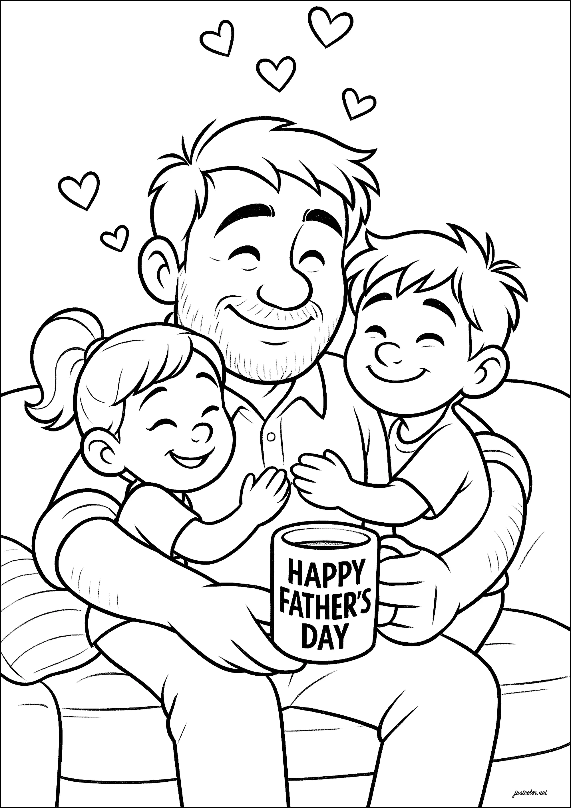 Un padre bien cuidado por sus dos hijos (Página de Dia del padre para imprimir para niños)