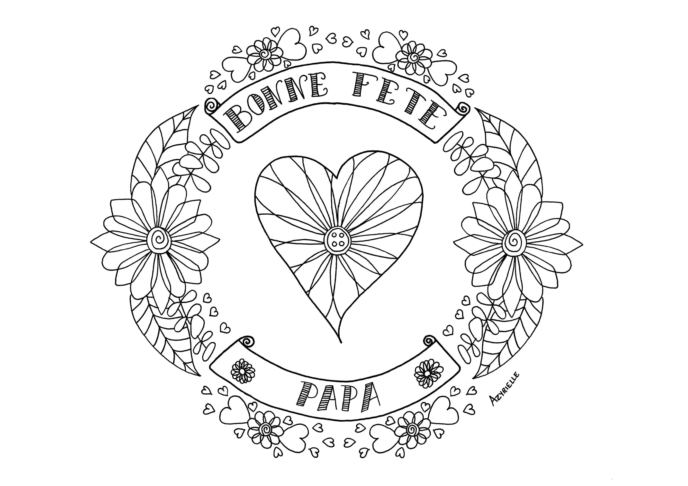 "Feliz Cumpleaños Papá": corazón y flores (Página de Dia del padre para imprimir para niños)