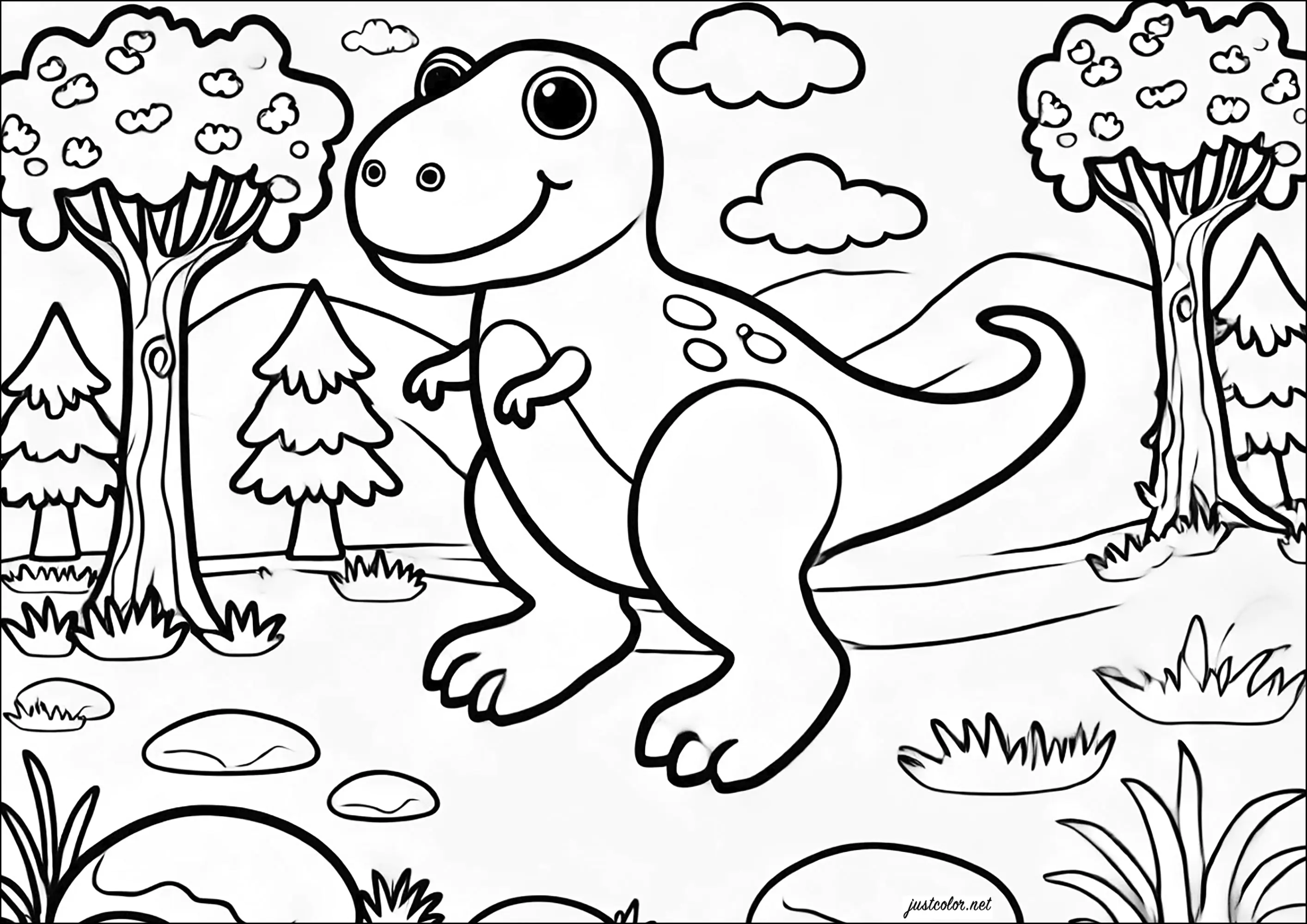 Joven T-Rex en el bosque (Página de Dinosaurios para imprimir para niños)