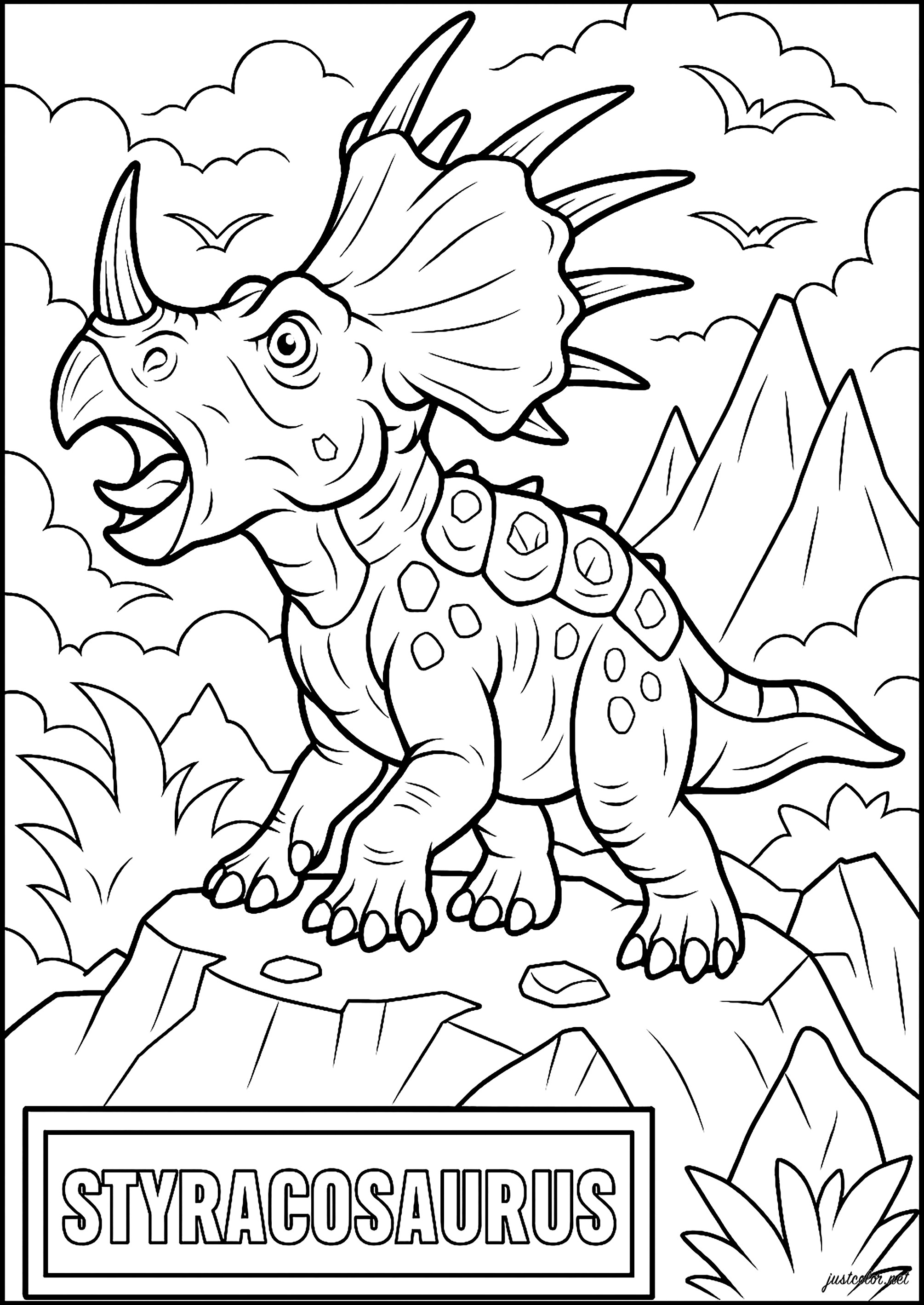 Estegosaurio sobre una roca (Página de Dinosaurios para imprimir para niños)