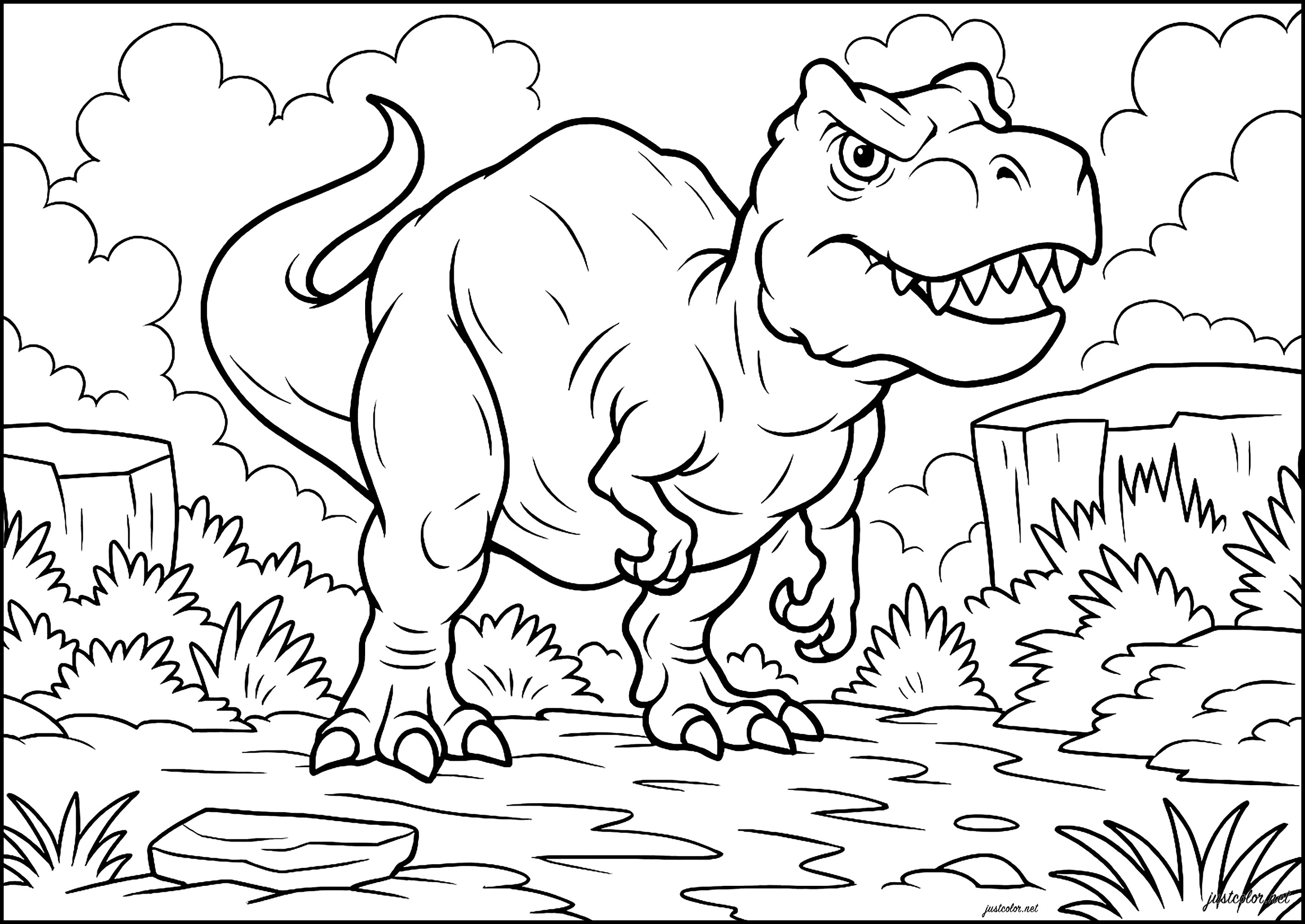 Tiranosaurio en un bosque prehistórico (Página de Dinosaurios para imprimir para niños)