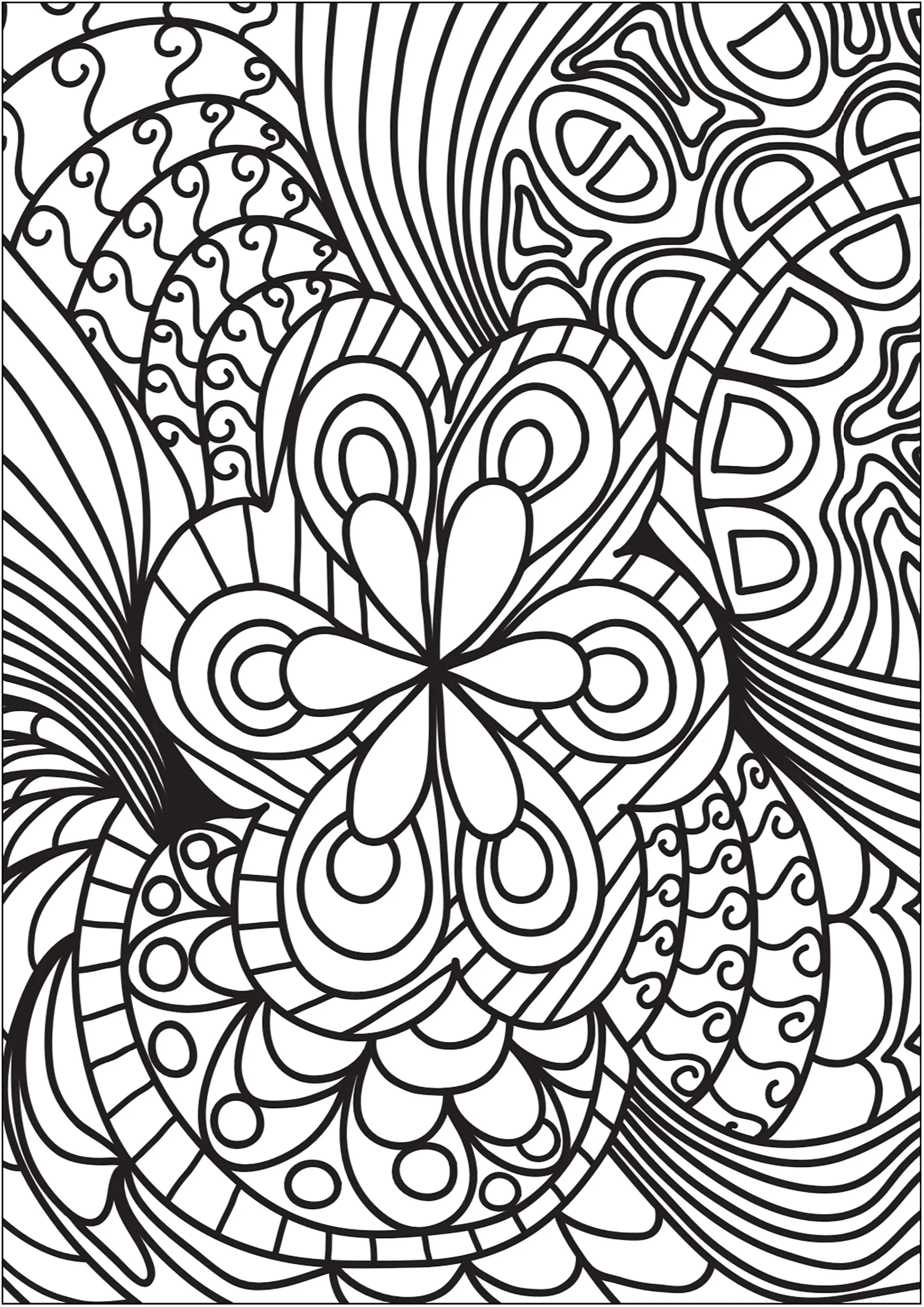 Garabato con una flor central (Página de Doodle Art para imprimir para niños)
