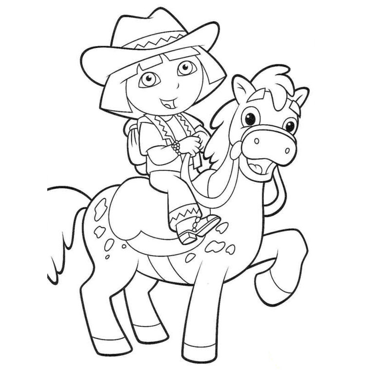 Bonito y sencillo dibujo para colorear de Dora a caballo