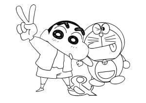 Doraemon el gato robot y un niño (Página para imprimir)