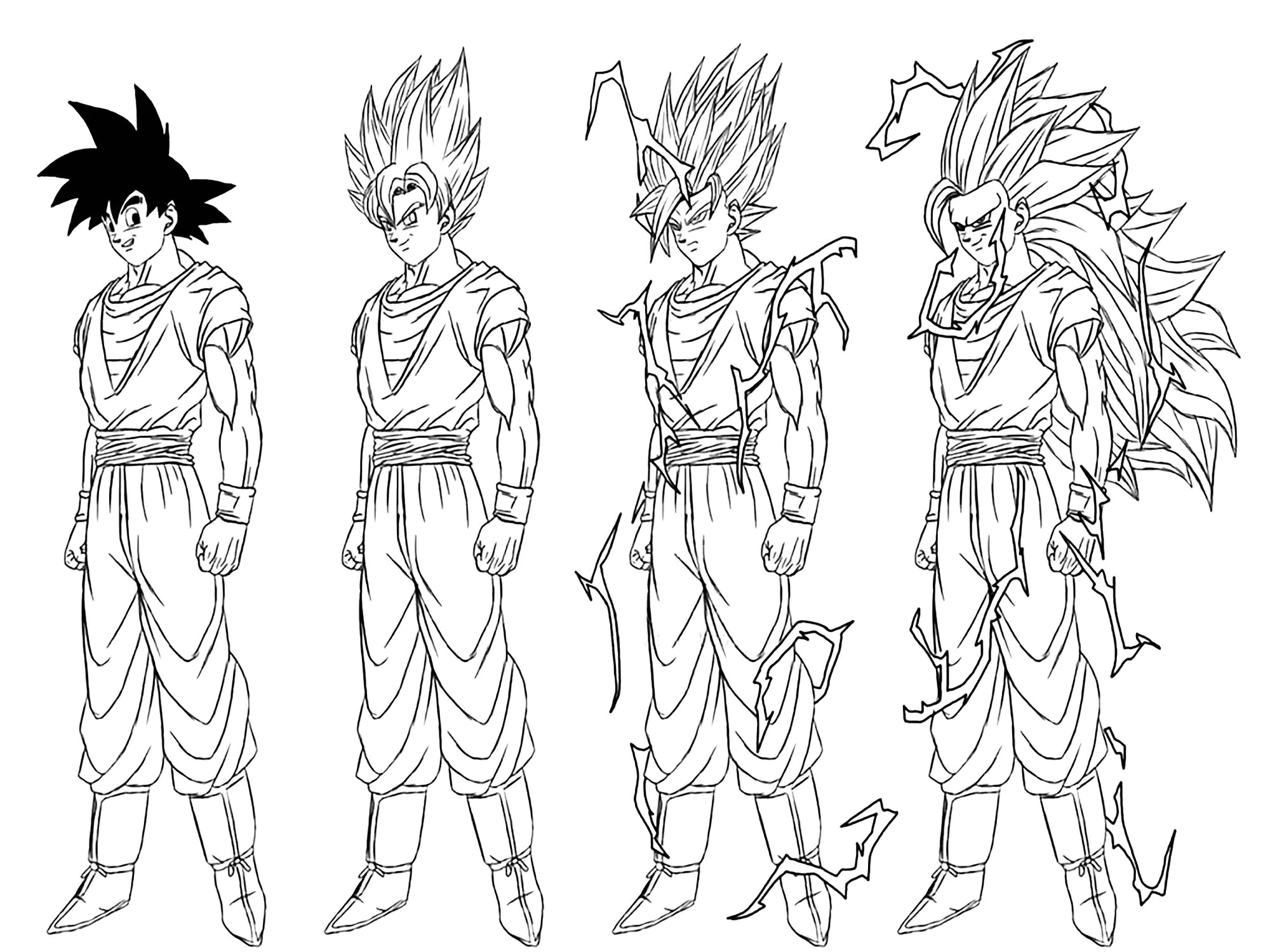 Songoku se transforma en Son Goku Super Saiyan - 3 (Página de Dragon Ball Z para imprimir para niños)