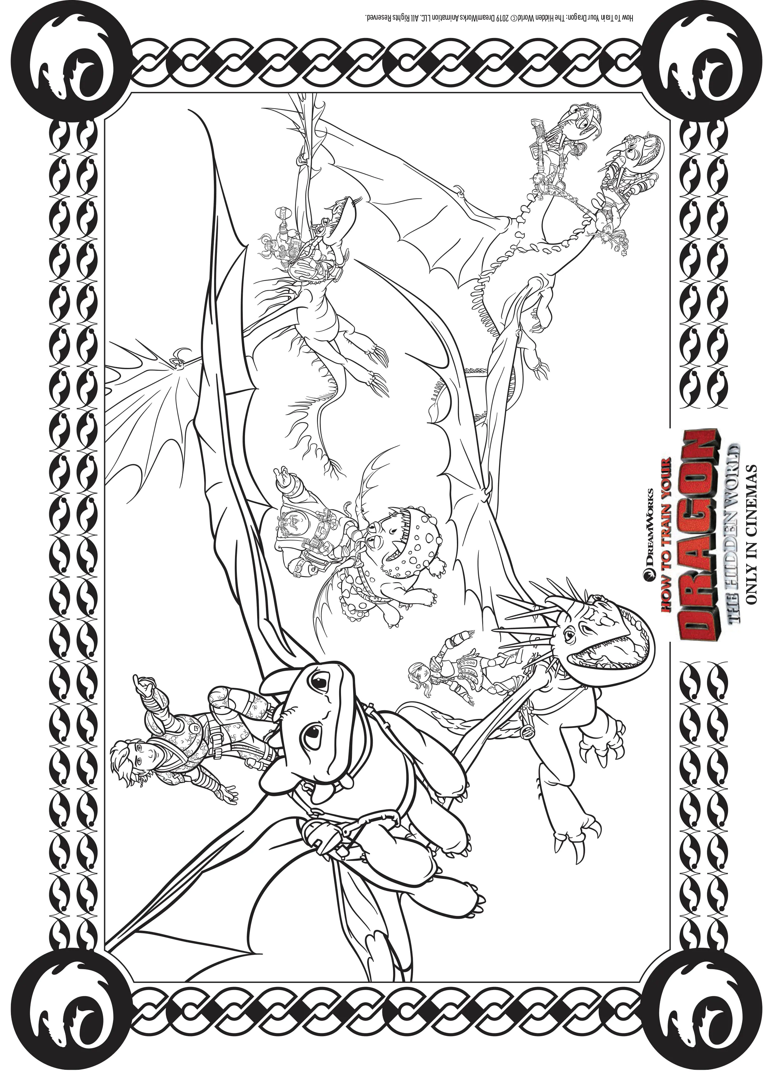 Volar en equipo (Página de Dragones 3 para imprimir para niños)